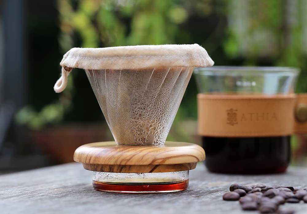 ATHIA Glass Pour Over Coffee Dripper Set with Reusable Cloth Filter & Leather Sleeve - Portable Single Cup Coffee Maker for Travel, Camping & Office Use (Olive Wood)