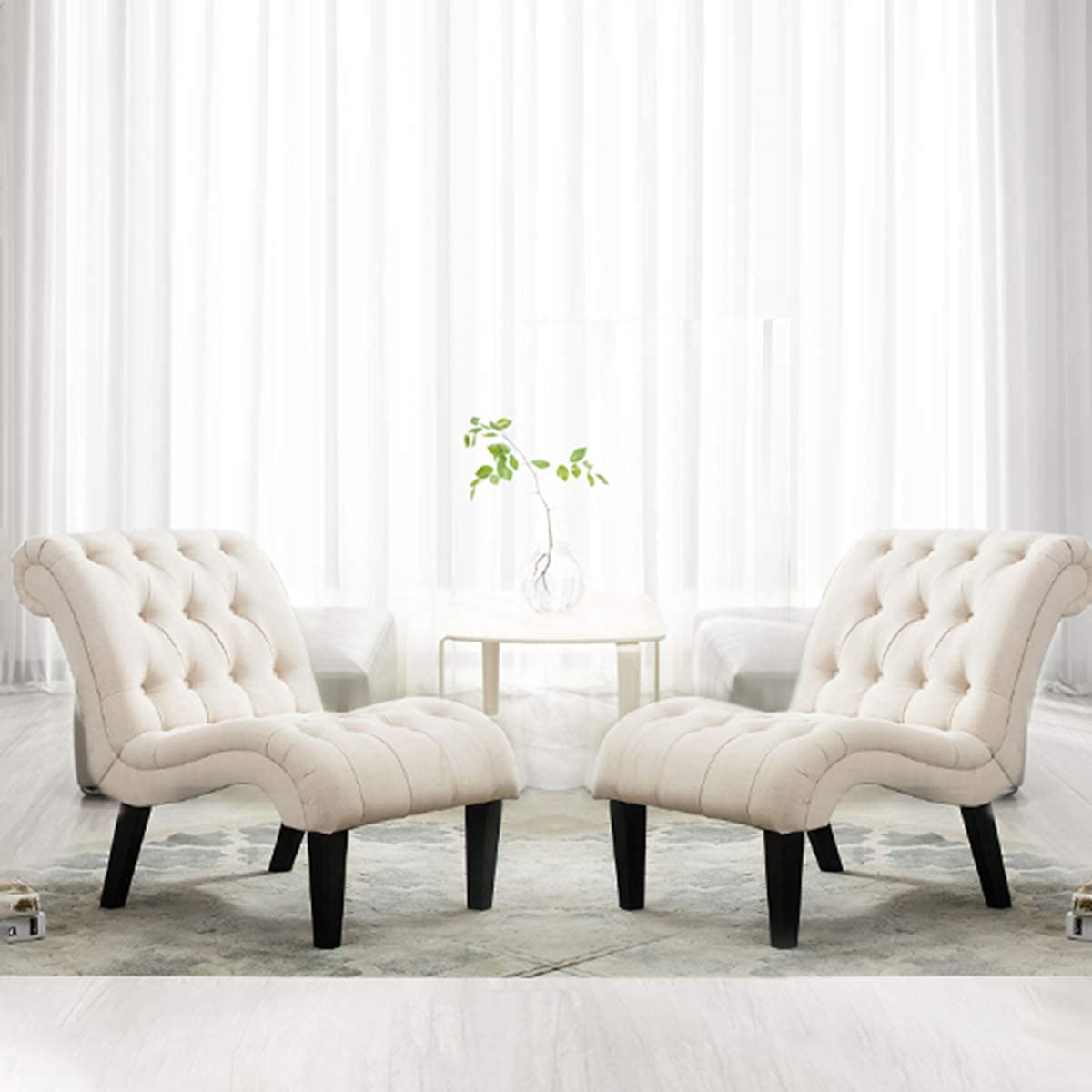 Yongqiang Tufted Upholstered Accent Chair with Wood Legs - Linen Fabric Lounge Chair for Bedroom, Living Room & Office - Perfect for Reading Nook, Cozy Corner or Guest Seating