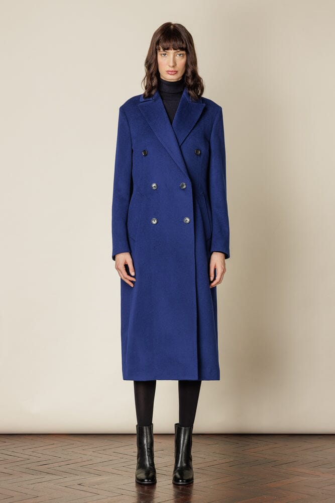 Stylish RTW Long Double Breasted Wool Coat in Marine Blue | Perfect for Fall & Winter Fashion | Office, Evening & Formal Occasions