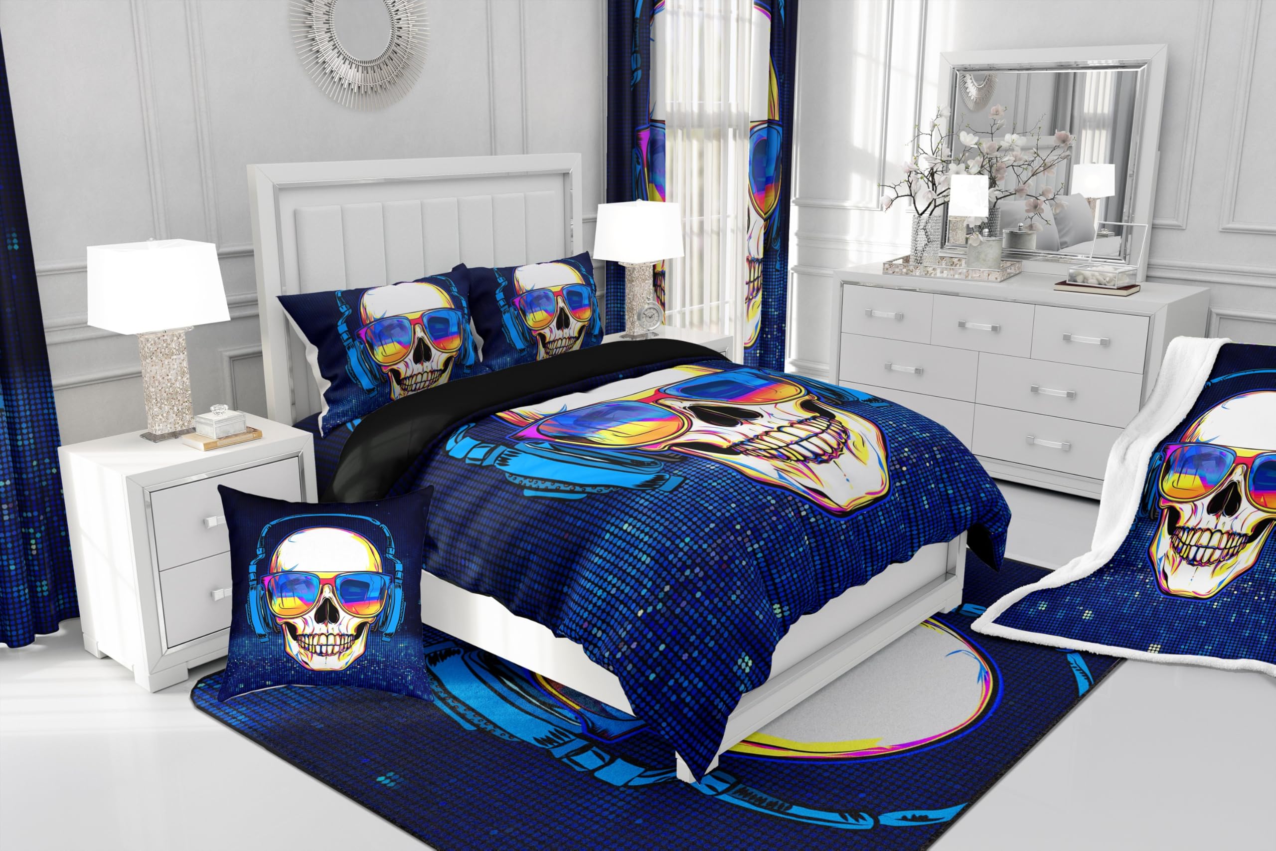 Erosebridal Punk Rock Skull Comforter Set - Gothic Music Theme Bedding for Teens & Boys, Black & Blue Queen Size Duvet Cover | Perfect for Rock Music Lovers' Bedroom Decor & Alternative Fashion Style