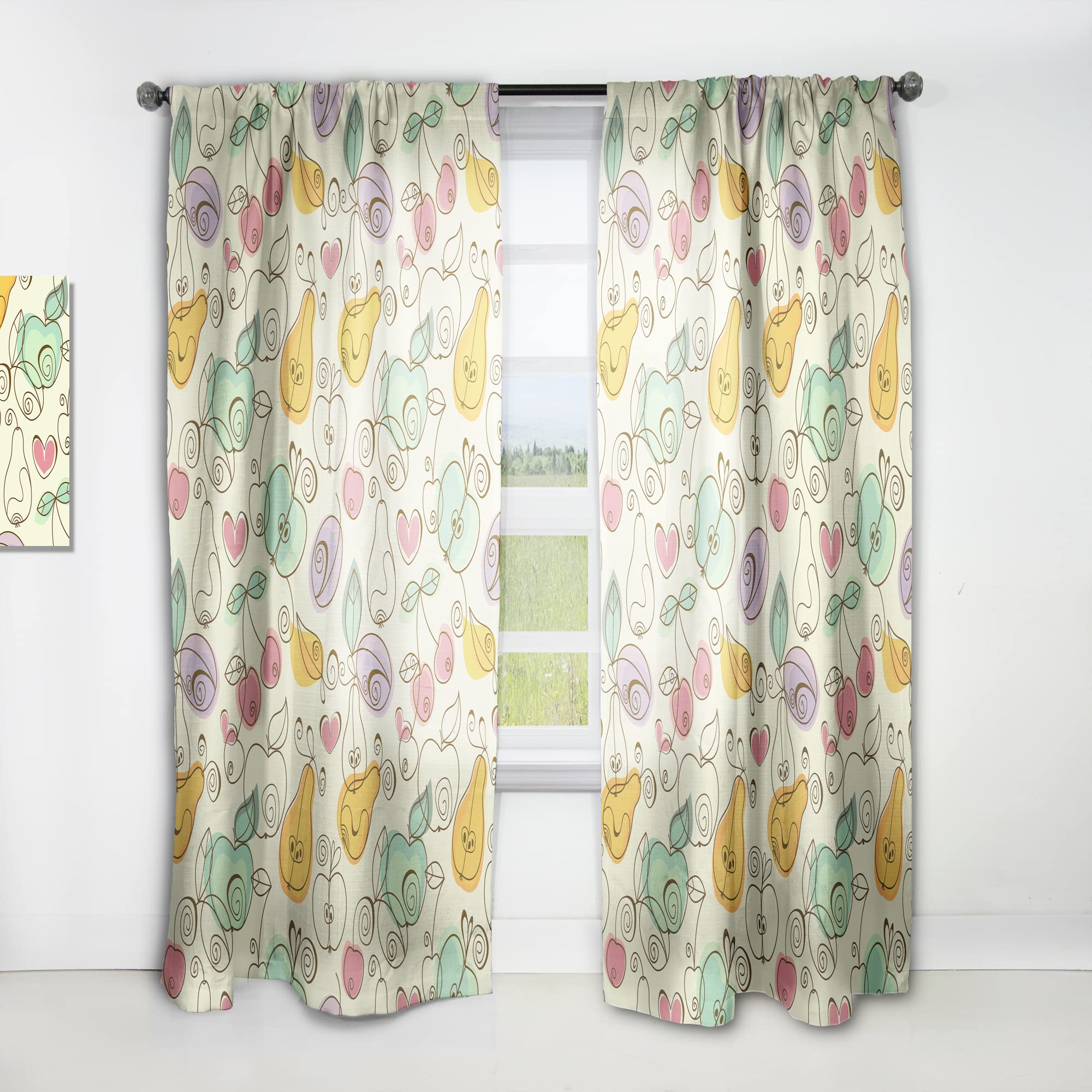 DesignQ Thermal Insulated Curtains - 'Apples, Pears & Cherries' Pattern - 52x84 Single Panel for Bedroom & Living Room - Energy Saving Blackout Drapes for Home Decor & Temperature Control