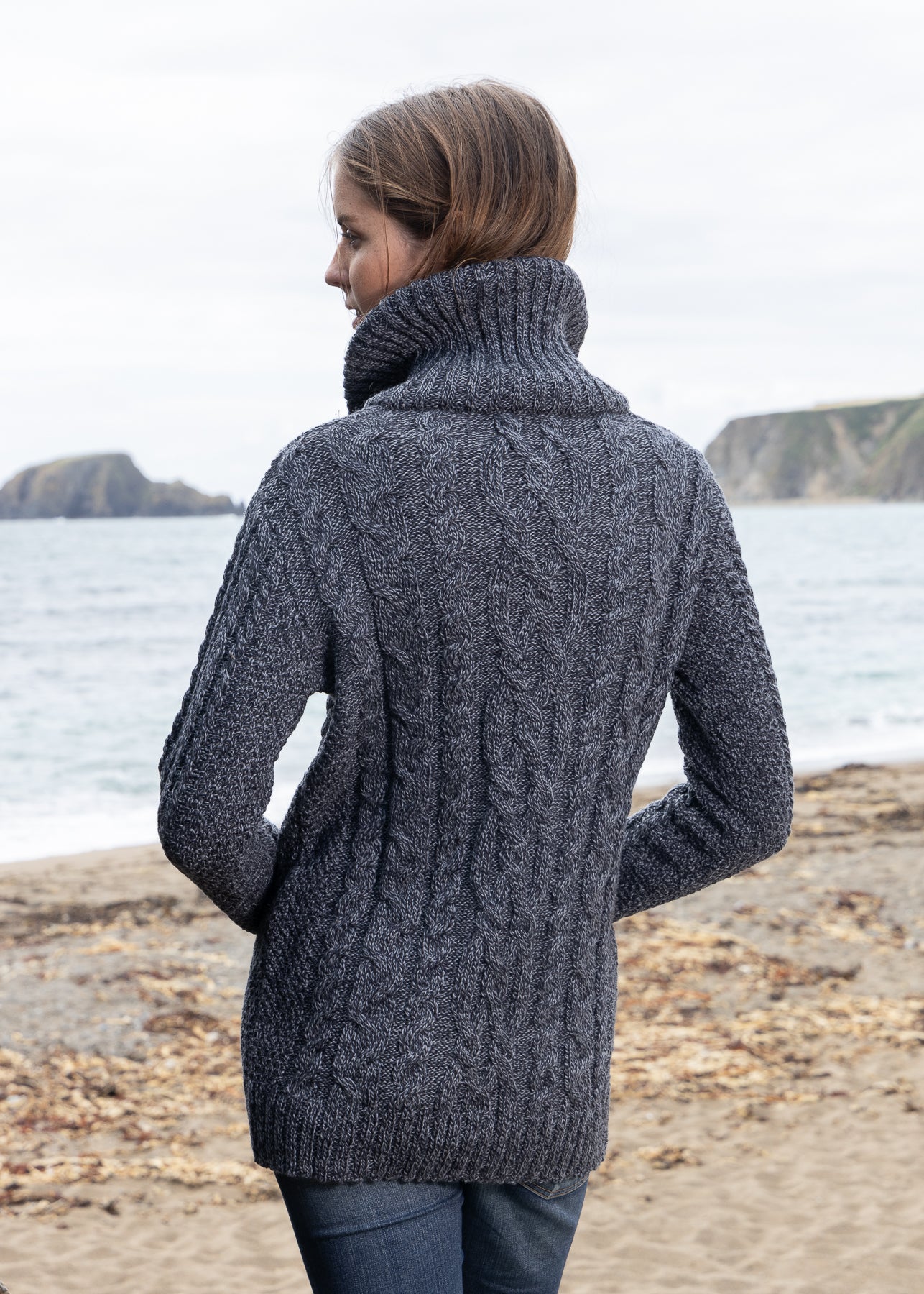 Aran Claddagh Zip Cardigan for Women - Slate Gray Irish Knit Sweater | Perfect for St. Patrick's Day, Winter Layering & Casual Outfits