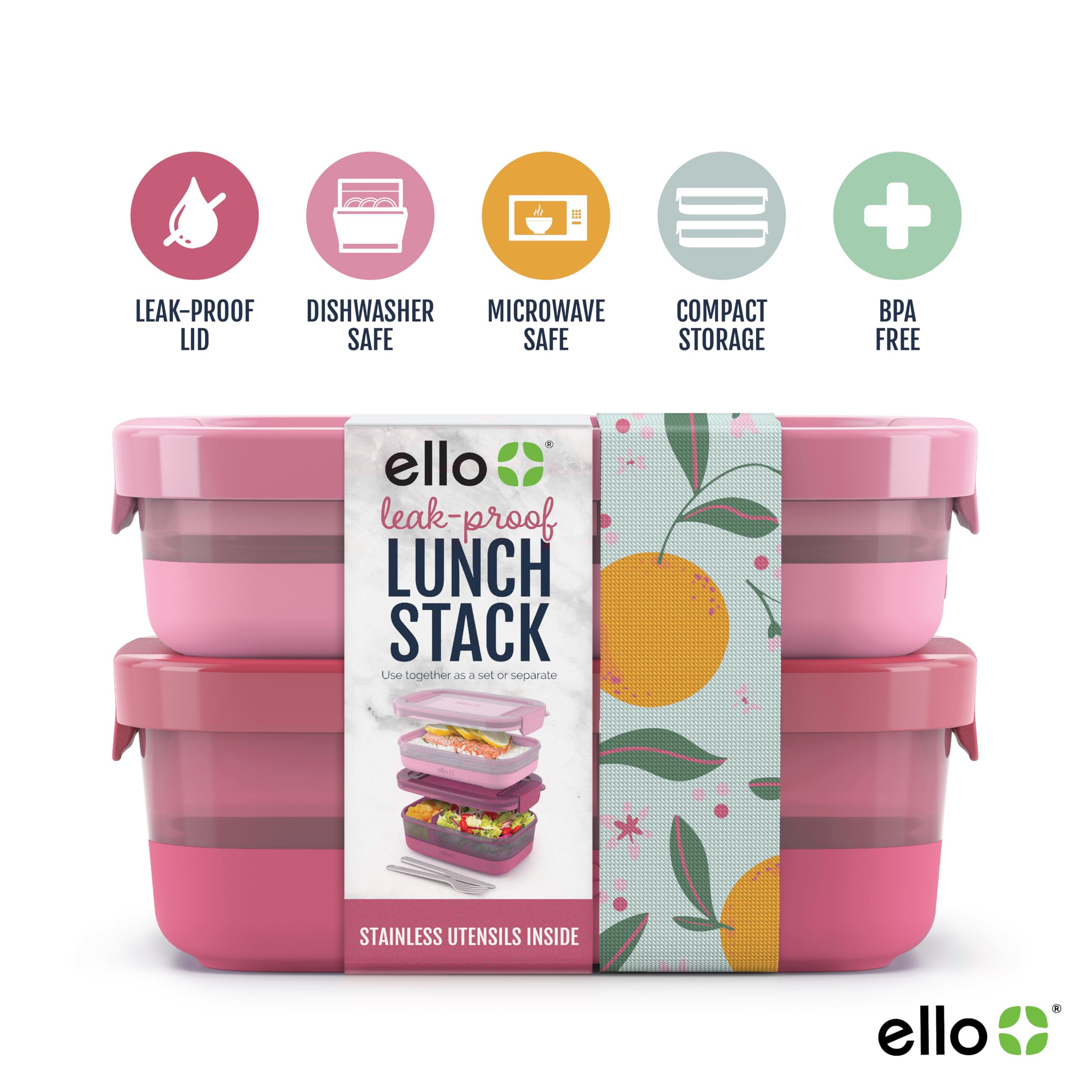 Ello 2-Pack Bento Box Food Storage Containers - Airtight Leak-Proof Plastic Lunch Box with Secure Locking Lids & Non-Slip Silicone Base, BPA-Free, Microwave/Dishwasher/Freezer Safe - Perfect for Meal Prep, School Lunches & Office Snacks