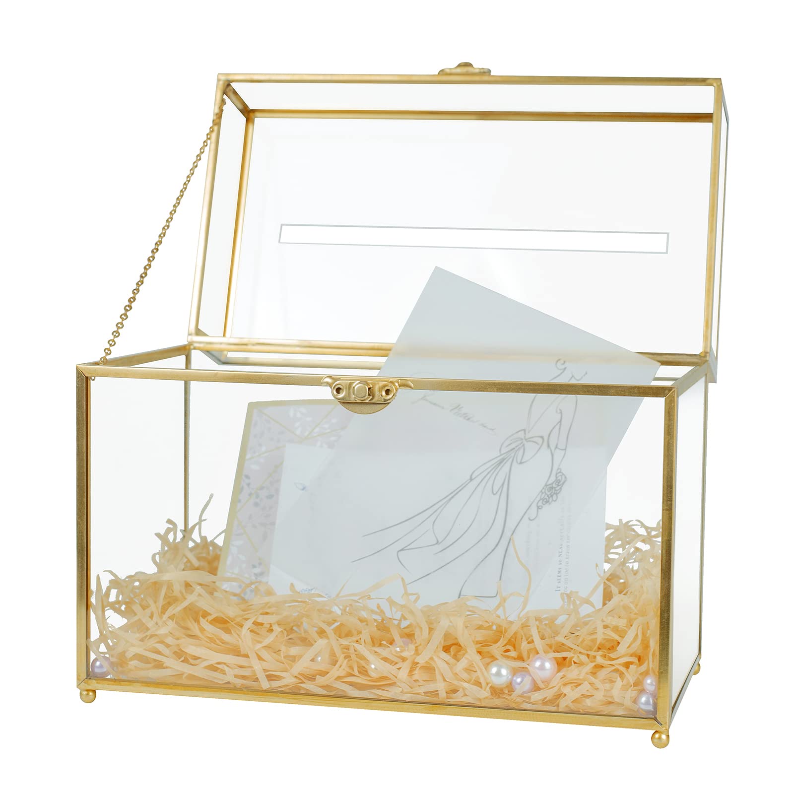 Elegant Glass Wedding Card Box with Slot - Large Clear Gift Card Holder in Gold Brass for Wedding Receptions, Birthday Parties & Bridal Showers | Perfect Greeting Card Organizer for Special Events & Celebrations
