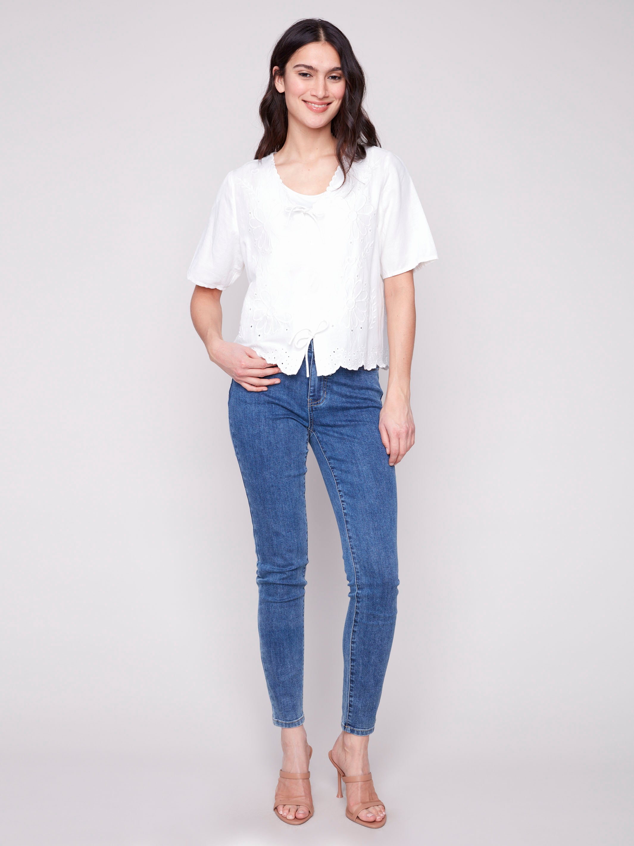 Elegant White Eyelet Embroidery V-Neck Blouse with Front Ties - Perfect for Summer Outfits, Office Wear & Casual Occasions