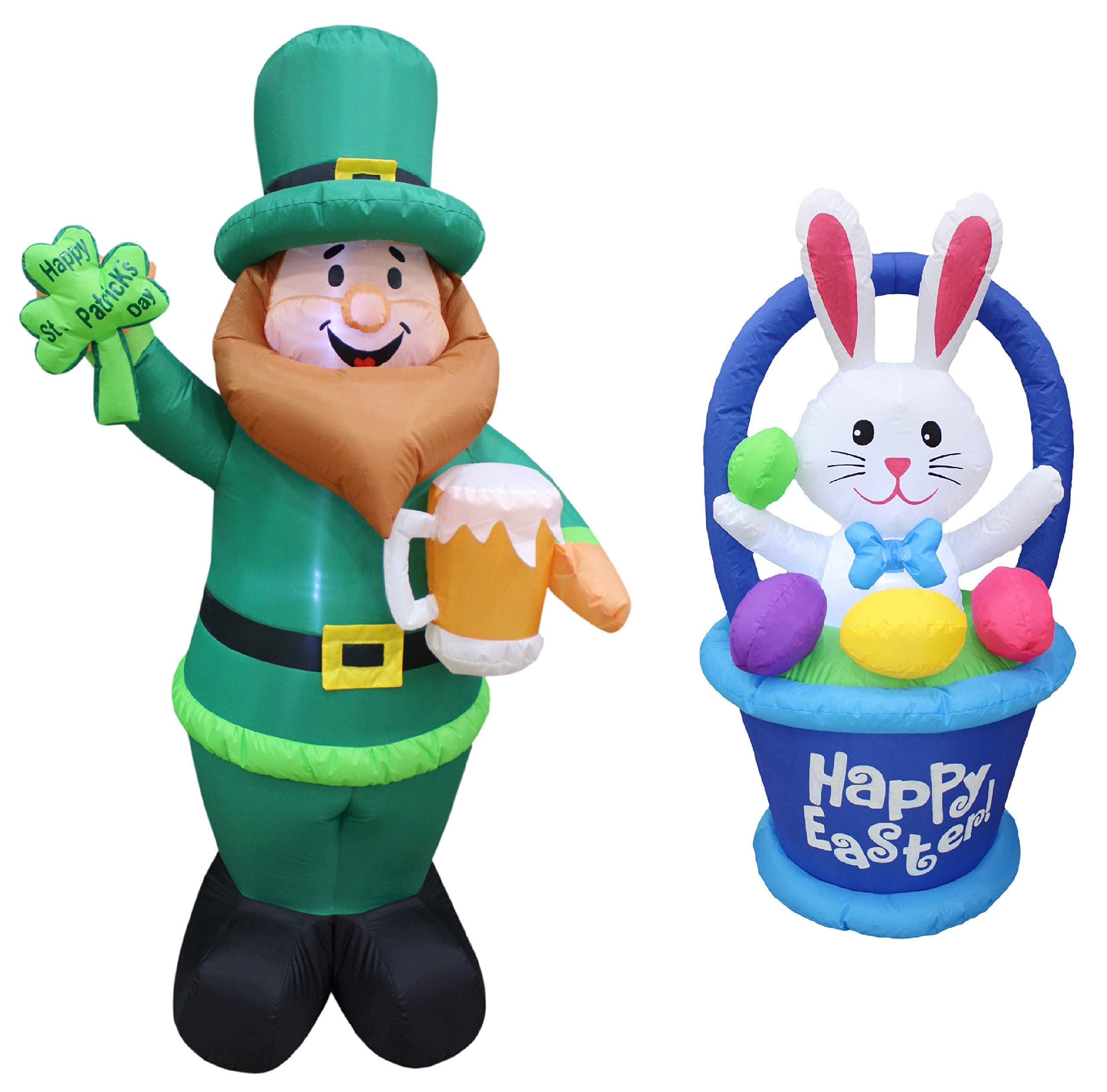 St. Patrick's Day & Easter Party Decorations Bundle - 6ft Inflatable Leprechaun with Shamrock & Beer + 4ft Inflatable Easter Bunny in Basket with Colorful Eggs - Perfect for Holiday Home Decor, Backyard Celebrations & Spring Festival Parties