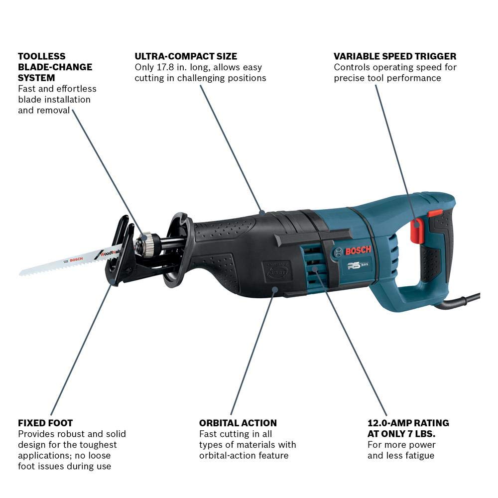 Bosch RS325RT 12 Amp Heavy-Duty Reciprocating Saw with Case - Renewed | Powerful Cutting Tool for Demolition, Woodworking & Metal Cutting Projects