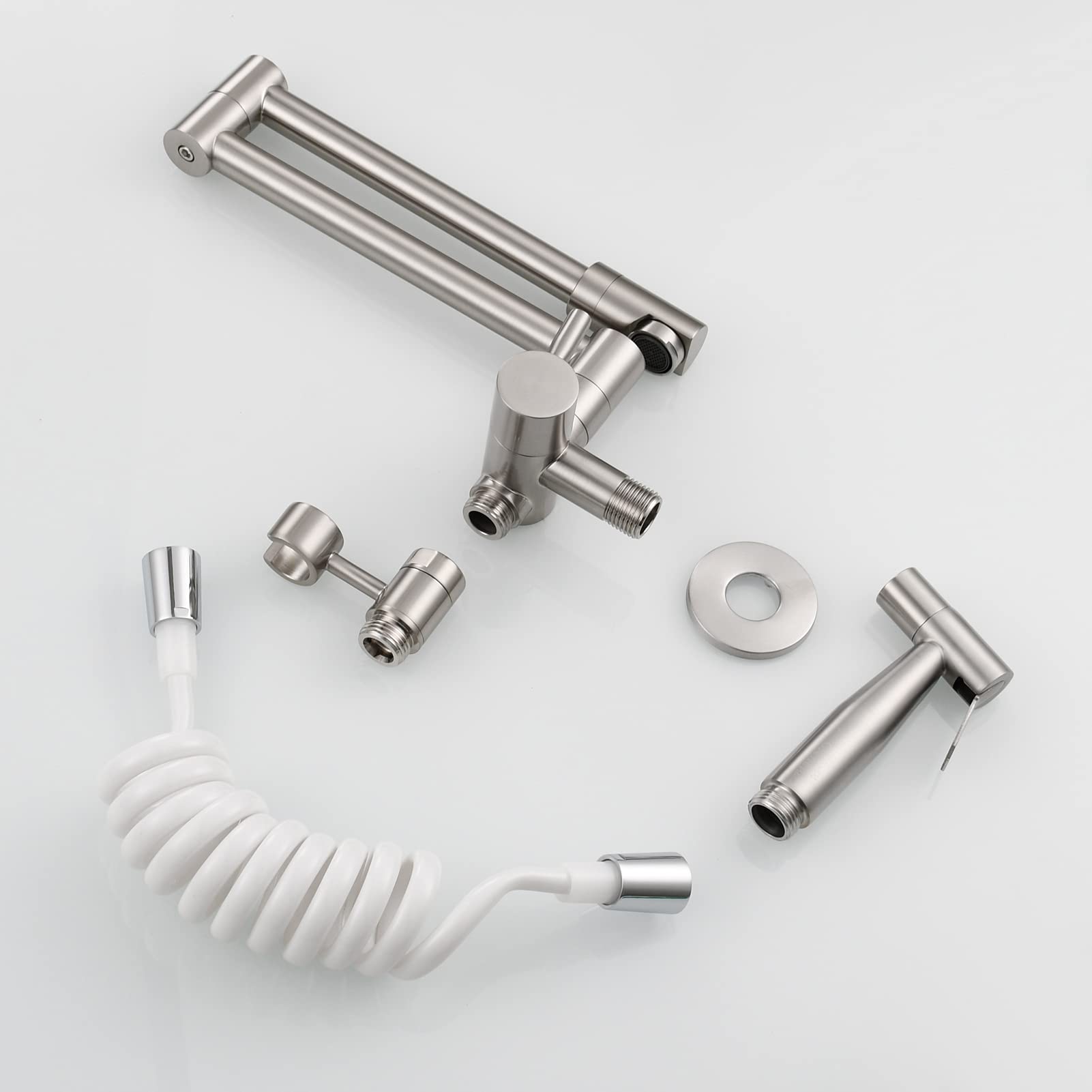 Brass Wall Mount Pot Filler Faucet - Single Hole Folding Stretchable Kitchen Sink Faucet with Sprayer in Brushed Nickel (CT169NA) - Perfect for Cooking, Filling Large Pots & Easy Kitchen Cleanup