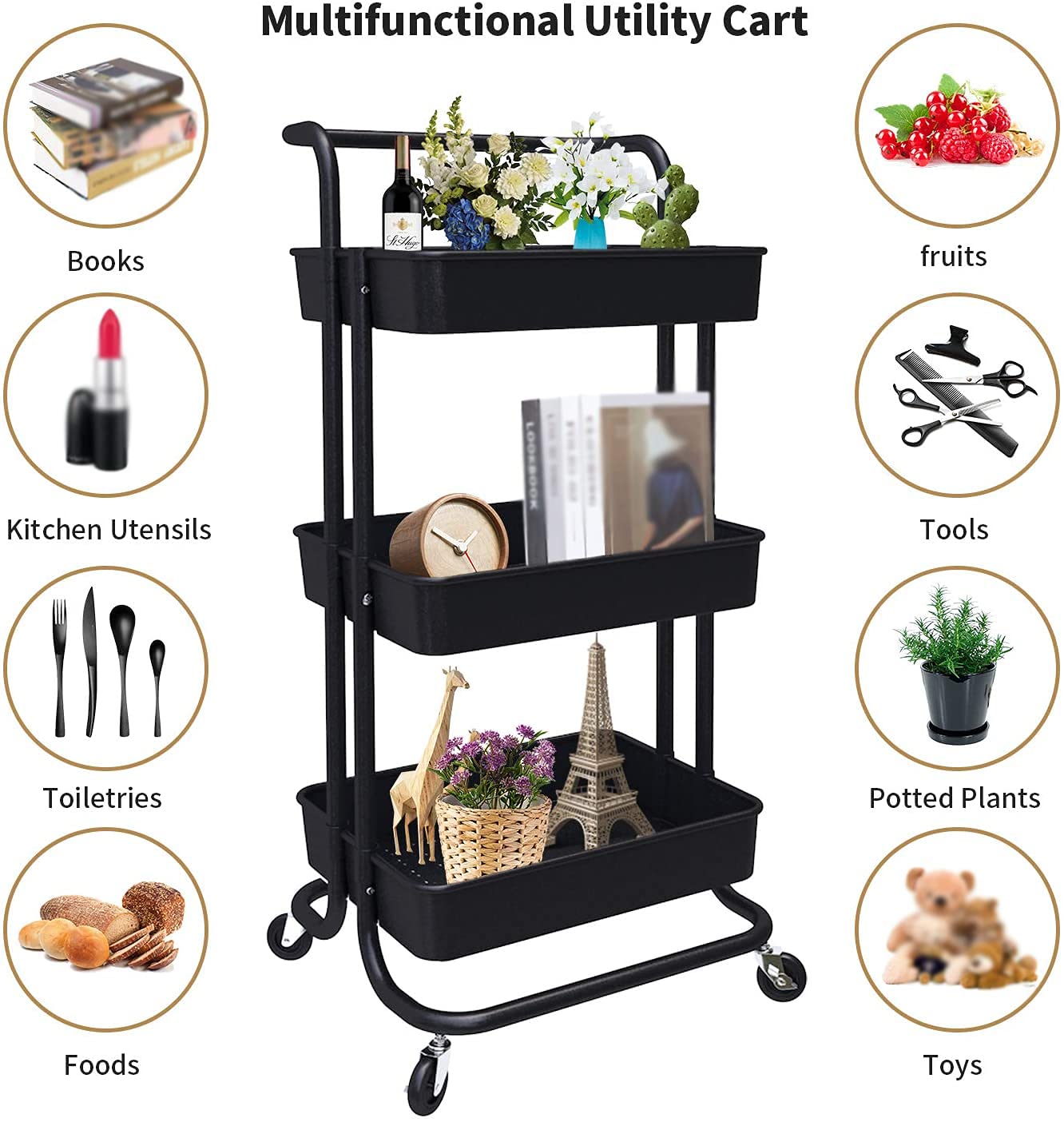 3-Tier Rolling Utility Cart with Wheels - Mobile Storage Organizer for Kitchen, Bathroom, Office & Coffee Bar - White | Perfect for Makeup Storage, Salon Supplies & Home Organization