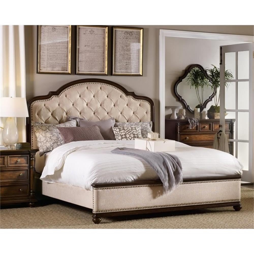 Beaumont Lane Elegant Upholstered King Size Bed Frame with Traditional Mahogany Finish - Perfect for Master Bedroom Decor & Luxury Home Furniture