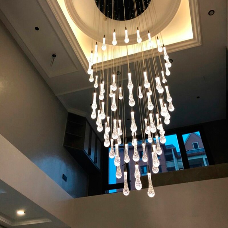 Crystal Drops Staircase Chandelier - Elegant Modern Glass Pendant Light Fixture for Foyer, Stairwell & Grand Entrance Lighting | Dimmable LED Chandelier for Home Decor