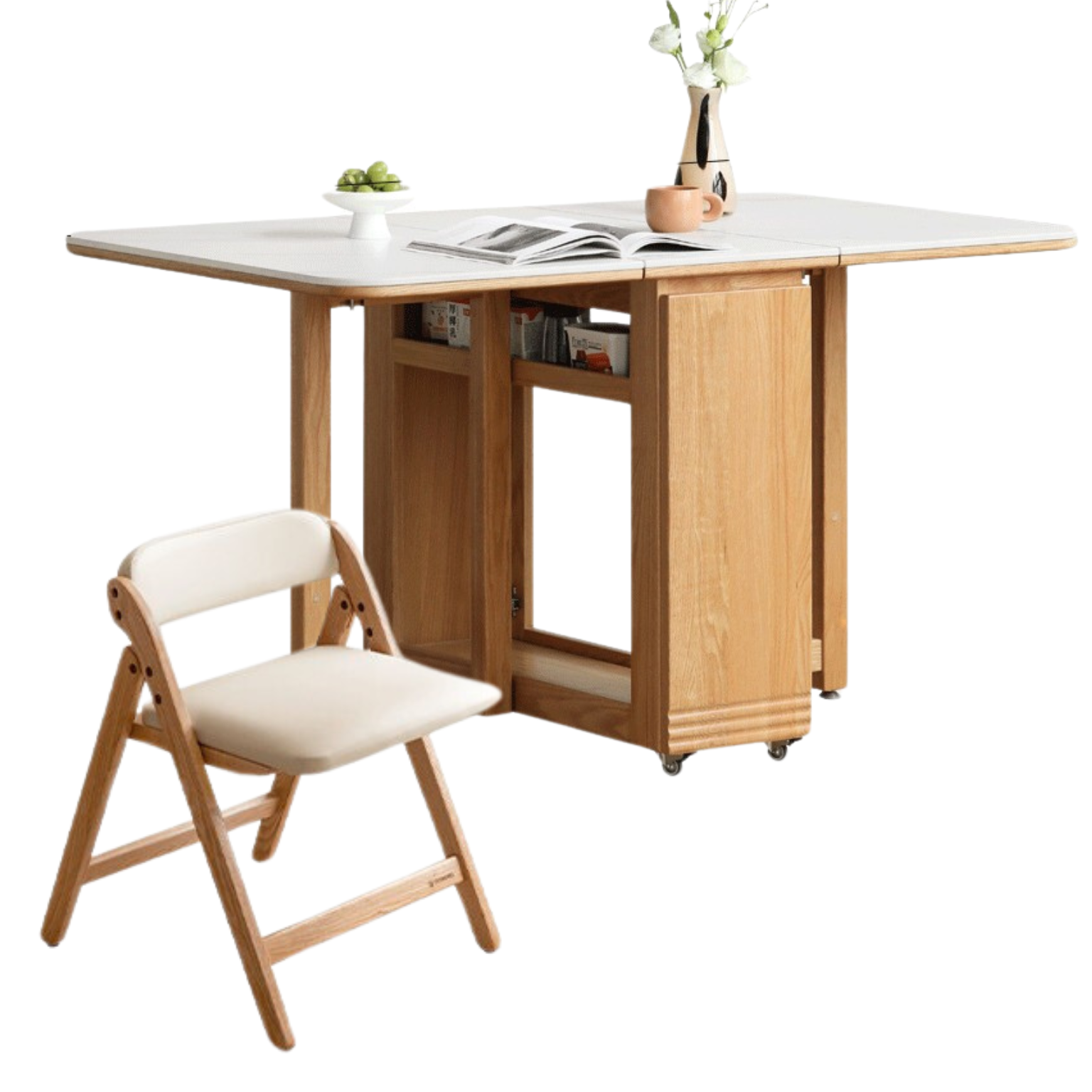 Solid Oak Wood Modern Rock Slab Folding Dining Table - Extendable Space-Saving Design for Small Apartments, Kitchens & Outdoor Dining