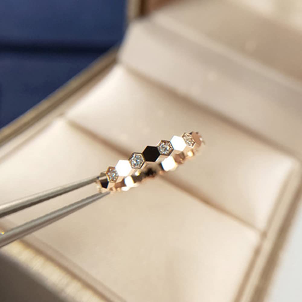 Korean Honeycomb Inlaid Stone Ring for Women - Rose Gold Geometric Diamond Ring with Half Crystal (6-Pack) | Elegant Jewelry for Date Night, Wedding & Special Occasions
