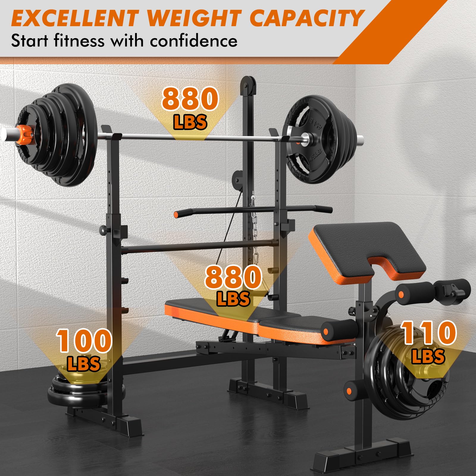 XDDIAS 880LBS Adjustable Weight Bench Press Set with Leg Extension & Preacher Curl - 8-in-1 Multi-Function Home Gym Equipment with LAT Pulldown System for Full Body Workout - Perfect for Strength Training, Muscle Building & Home Fitness