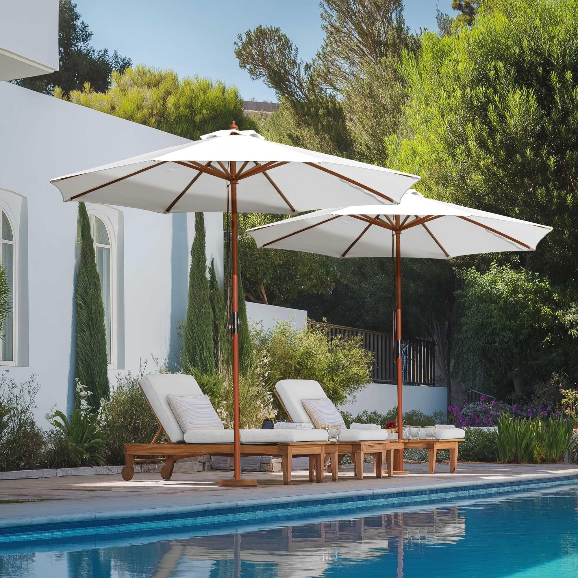 9ft Wood Outdoor Patio Umbrella - Pure White Sun Shade for Garden, Yard, Beach, Deck, Cafe & Wedding Parties - Perfect for Relaxing and Outdoor Entertaining
