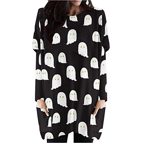 Women's Long Sleeve Round Neck Tunic Dress with Pockets - Soft Loose Pullover Halloween Black Cat Top for Casual Wear, Parties & Fall Outfits