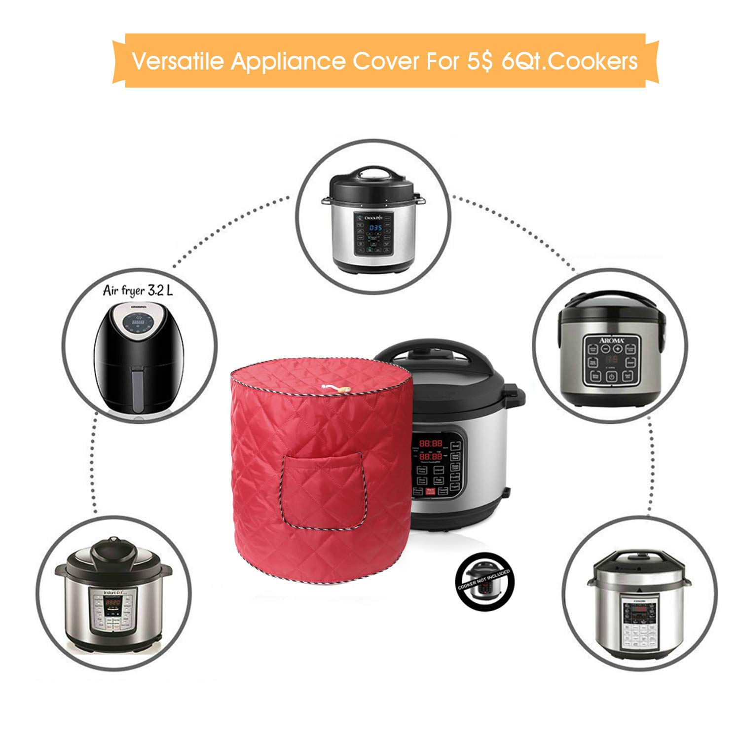 **6 Quart Air Fryer Cover - Dust-Proof Electric Appliance Protector for Instant Pot & Pressure Cooker with Convenient Pocket (Red) - Perfect for Kitchen, Camping & Travel**