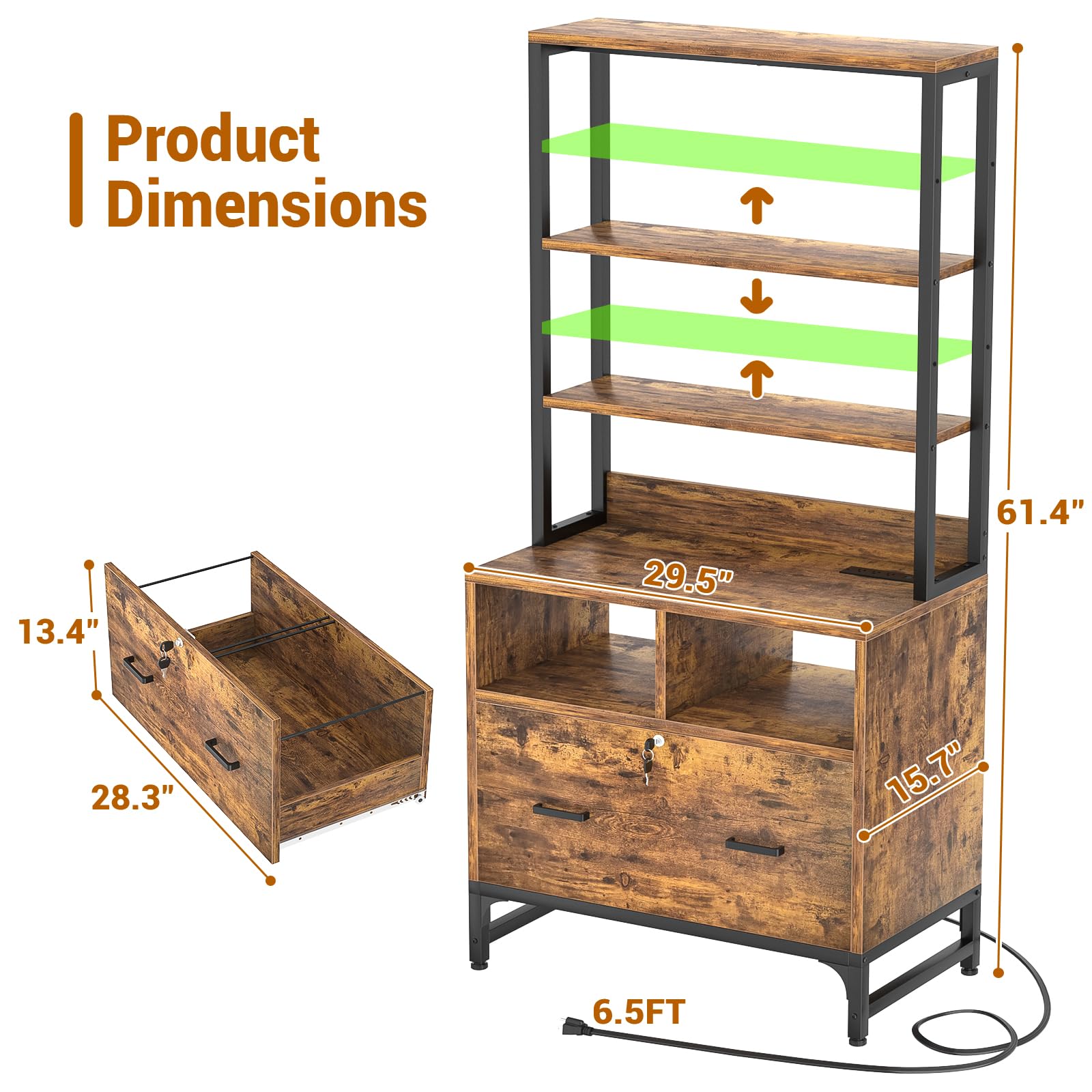 Homieasy Vertical File Cabinet with Charging Station & Lock - Rustic Brown Office Storage Cabinet for Letter/A4/Legal Size Files - Includes Large Drawer, Storage Shelves & Printer Stand - Perfect for Home Office Organization & Workspace Efficiency