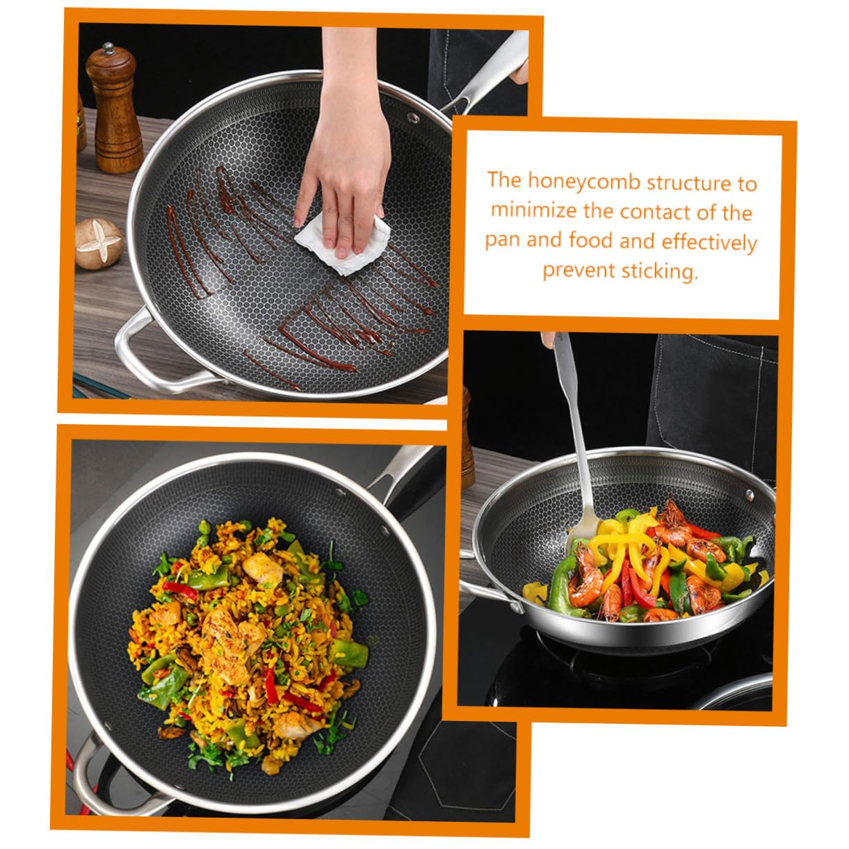 DECHOUS 34cm Stainless Steel Honeycomb Grain Nonstick Wok Pan - Induction, Electric & Gas Stove Safe - Easy Clean BBQ & Stir Fry Cooking Pan for Home Kitchen