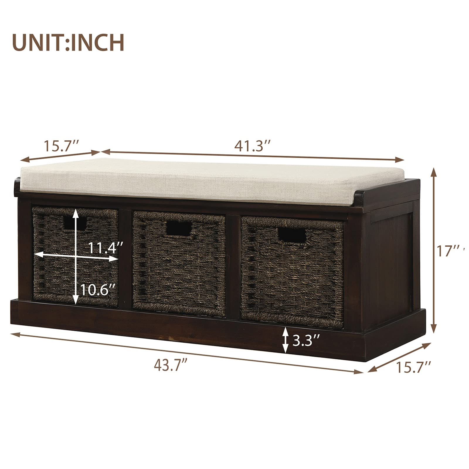 VERYKE Entryway Storage Bench with Removable Cushion & 3 Rattan Baskets - Shoe Bench with Hollow Handle for Living Room, Bedroom, Hallway (Espresso) - Perfect for Organizing Shoes, Blankets & Home Decor