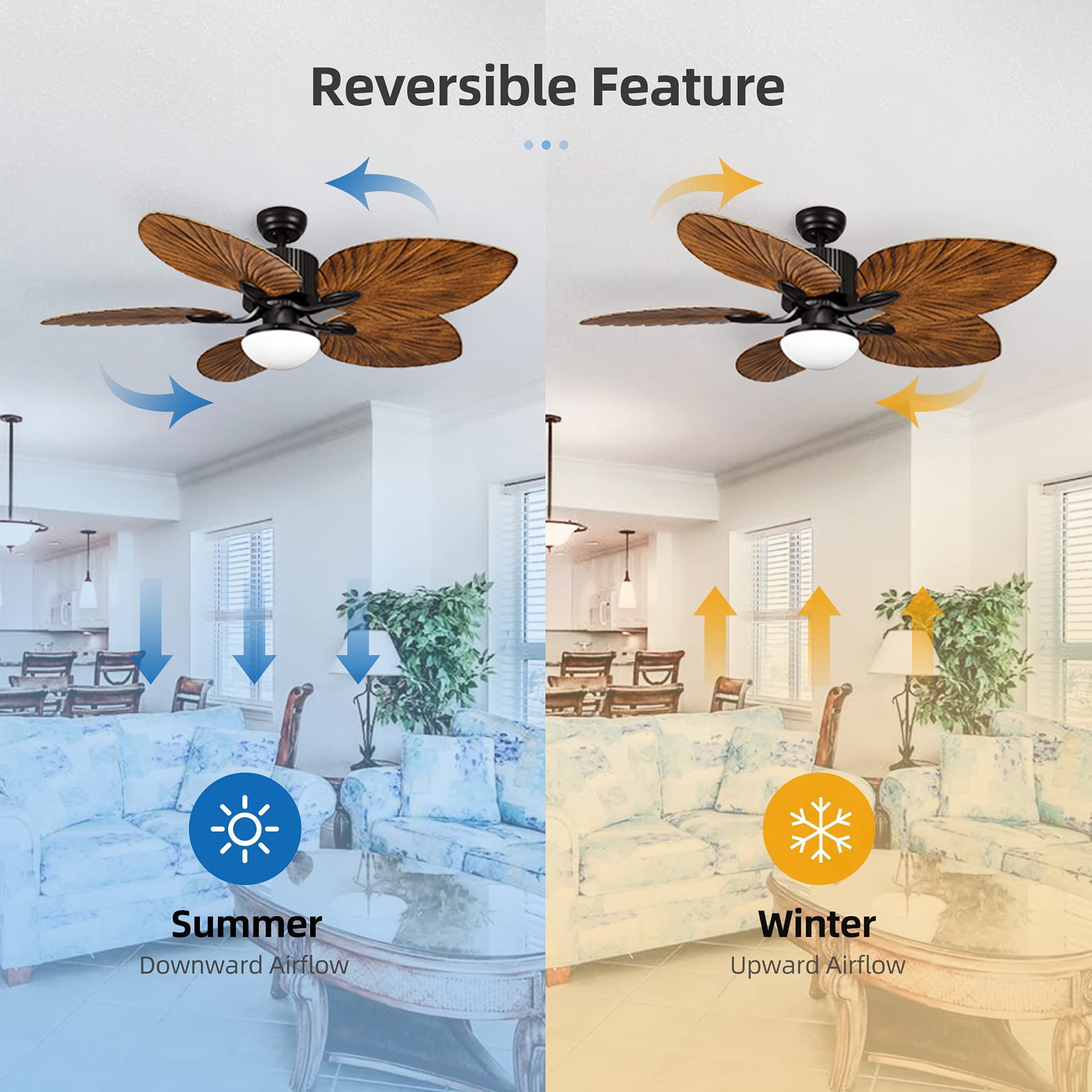 YITAHOME 52 Inch Tropical Ceiling Fan with LED Light, Remote Control, Memory Function & 5 Reversible Palm Leaf Blades - Perfect for Bedroom, Living Room, and Outdoor Patio - Walnut Finish