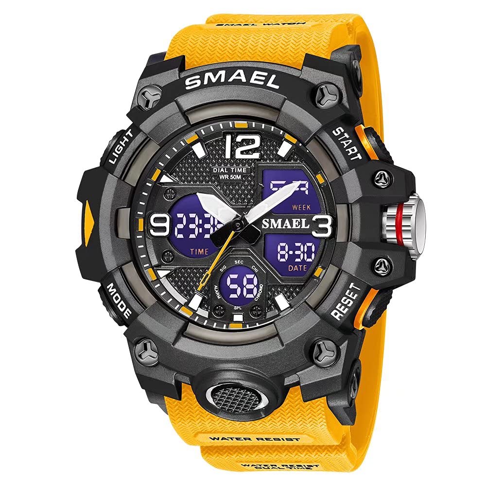 SMAEL Men's Military Digital Watch - Waterproof Sports Wristwatch with Date, LED Alarm & Stopwatch - Large Face Orange Digital Watch for Outdoor Activities, Hiking & Adventure Enthusiasts