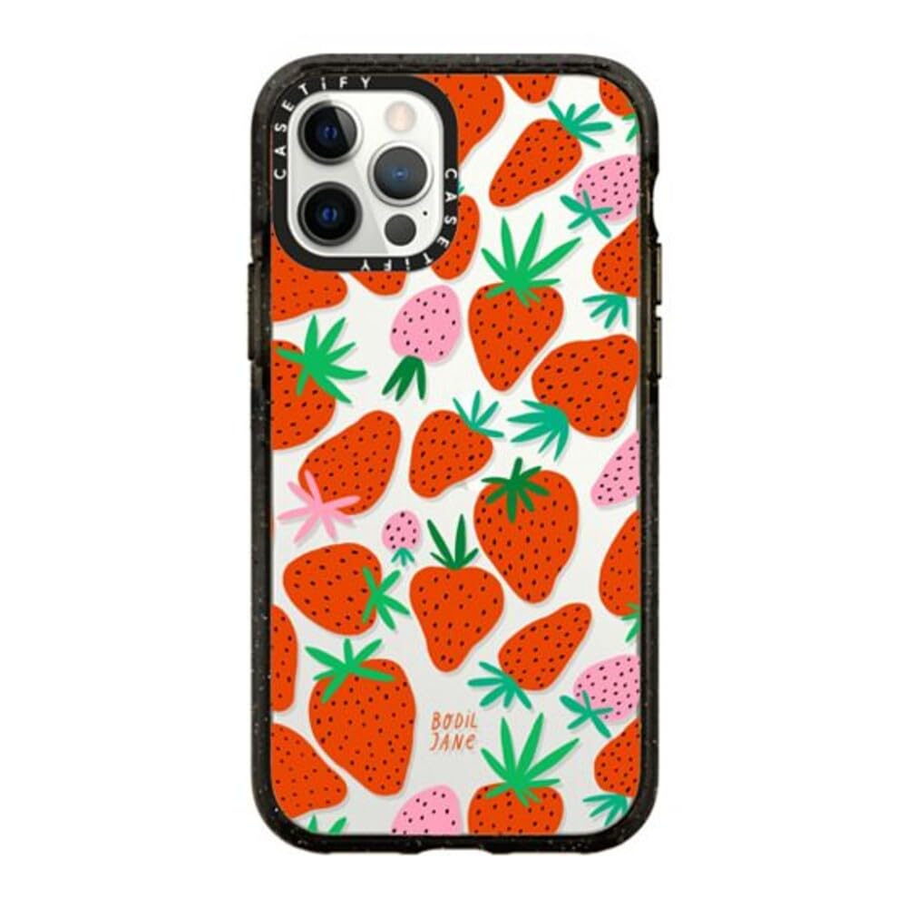 CASETiFY Impact Case for iPhone 12 & iPhone 12 Pro - Shockproof Clear Black with Strawberry Design - Slim Protective Phone Cover for Everyday Use, Travel & Outdoor Activities