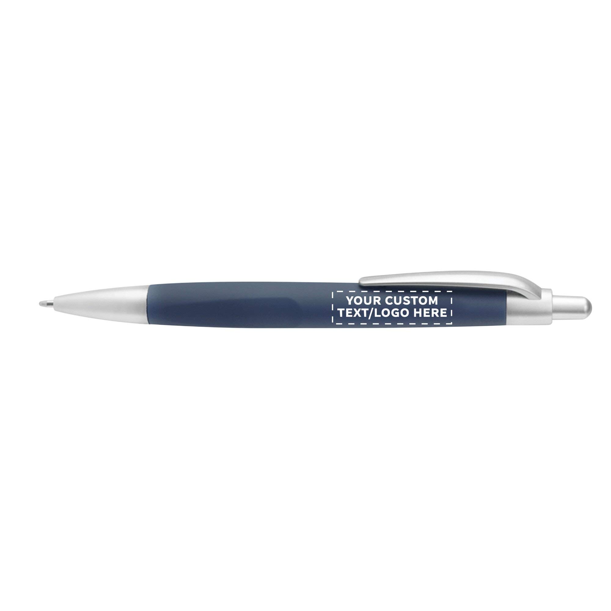 50 Pack Atlas Click Action Pens - Custom Text & Logo Printing, Black Ink, Navy Blue Plastic - Bulk Office Supplies for Business Promotions, School, and Corporate Gifting