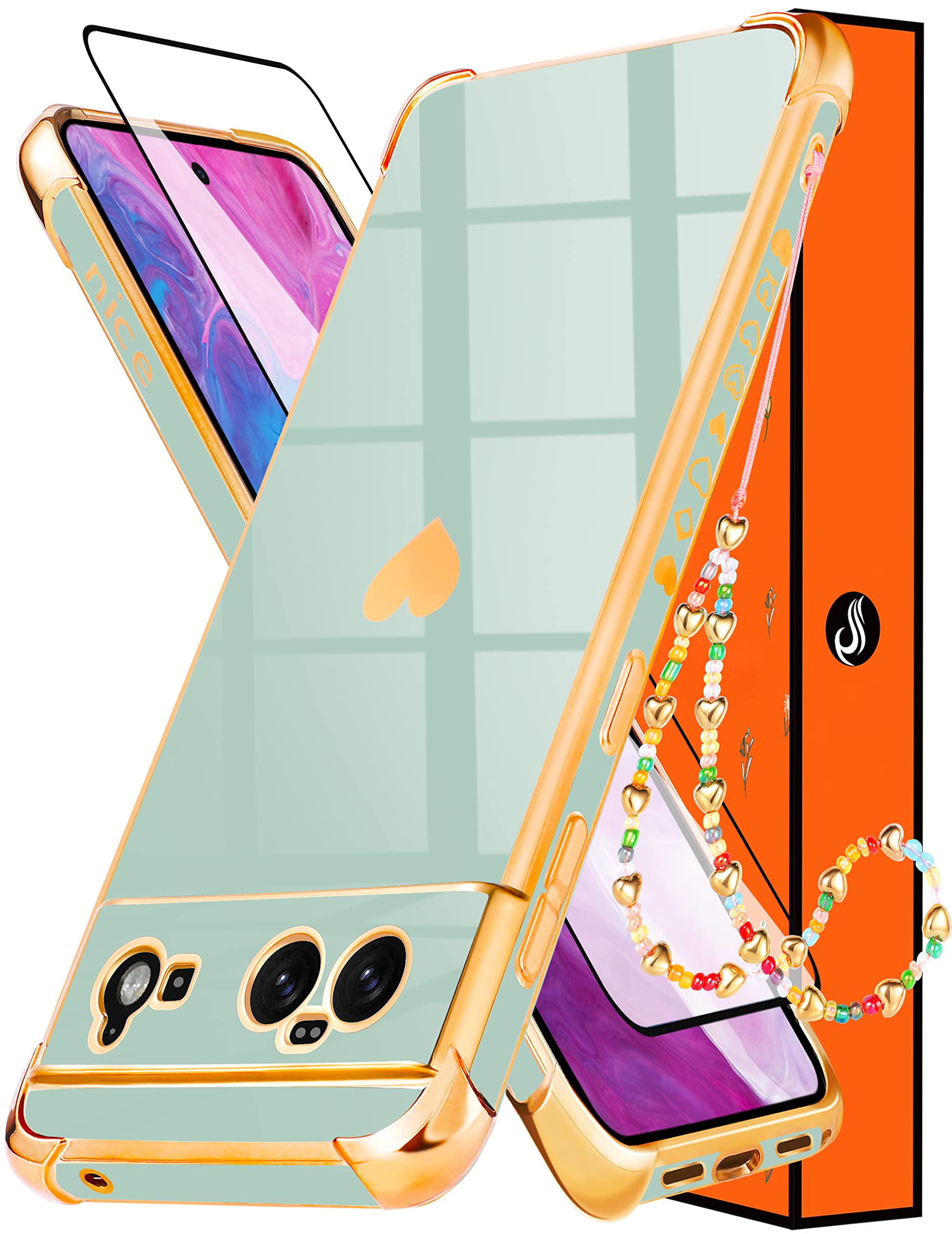 **Google Pixel 6 Case 5G (6.4 Inch) - 3-in-1 Luxury Heart Design Phone Cover with Screen Protector & Chain - Cute Aesthetic Love Hearts Pattern for Women & Girls - Mint Green & Gold Girly Style | Perfect for Everyday Use, Gifts & Fashion Accessories**