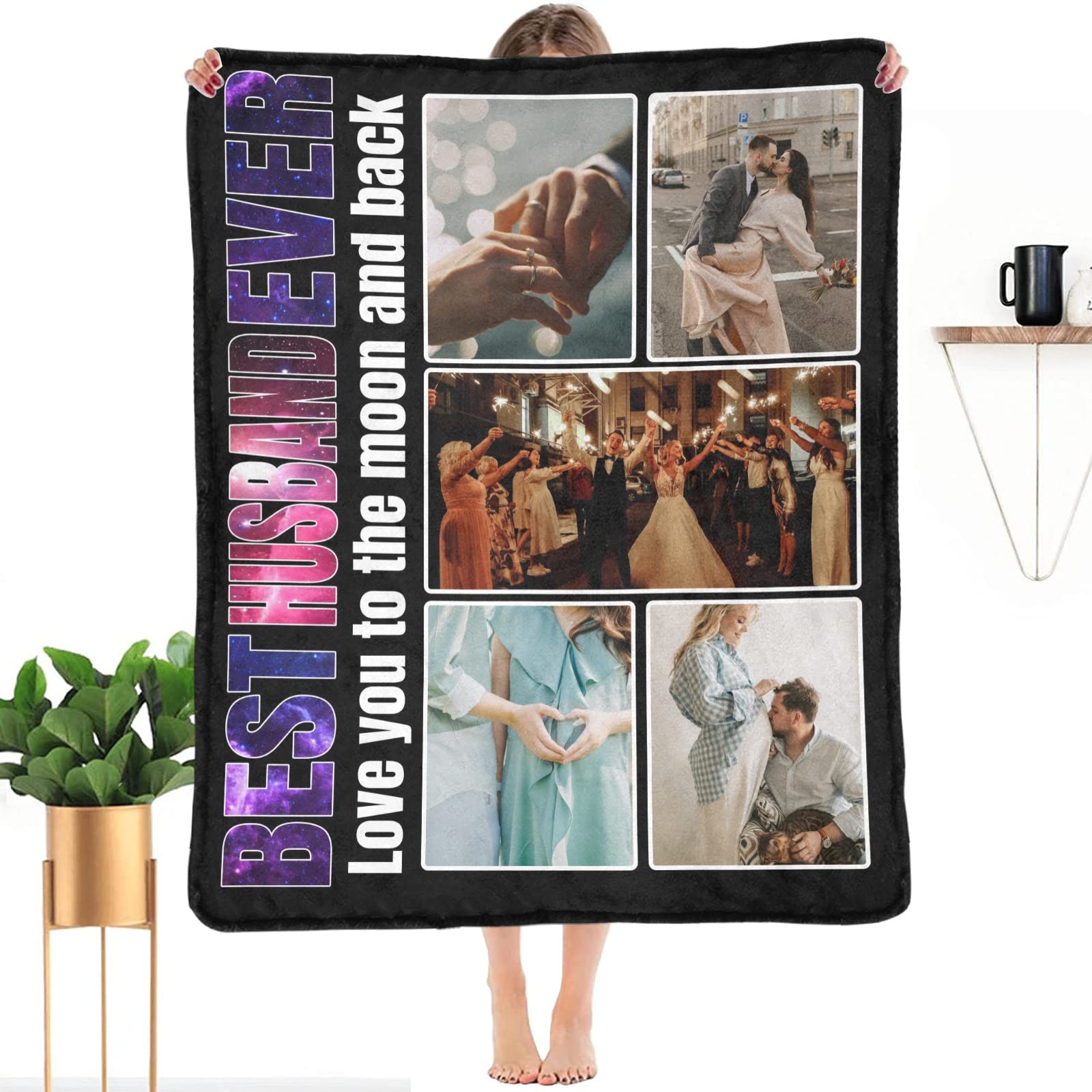 Custom Photo Blanket for Husband - Personalized Throw Blanket with 5-Picture Collage - Made in USA - Perfect Anniversary, Birthday & Valentine's Day Gift for Him - Cozy Couple Gift for Bedroom, Sofa & Romantic Nights