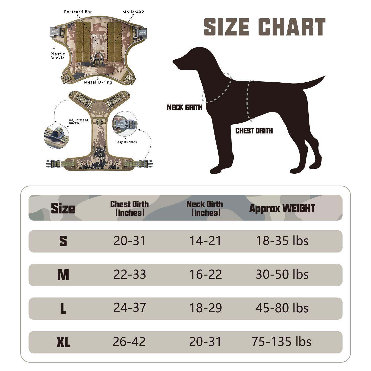Auroth Tactical Dog Harness with 6FT Grey Camo Heavy Duty Leash - No Pull Reflective Vest for Large Breed Dogs | Outdoor Training, Hiking & Night Walks