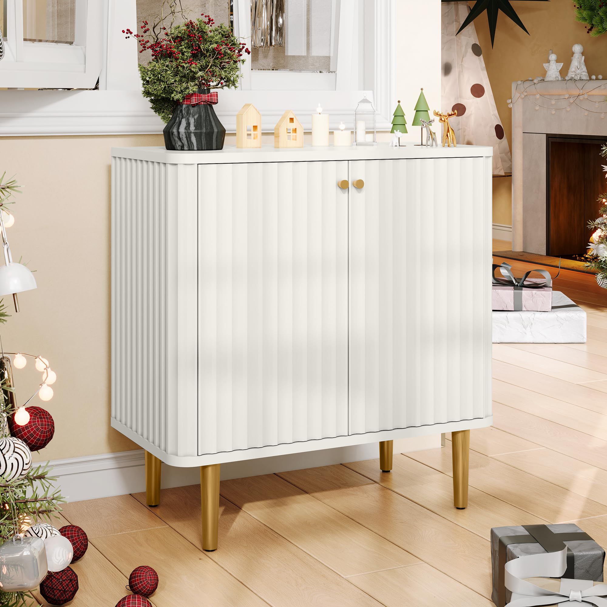 HLR Fluted Sideboard Buffet Cabinet - White Modern 2-Door Storage Credenza for Kitchen, Living Room & Entryway | Perfect for Dining Room Storage, Hallway Decor & Home Organization