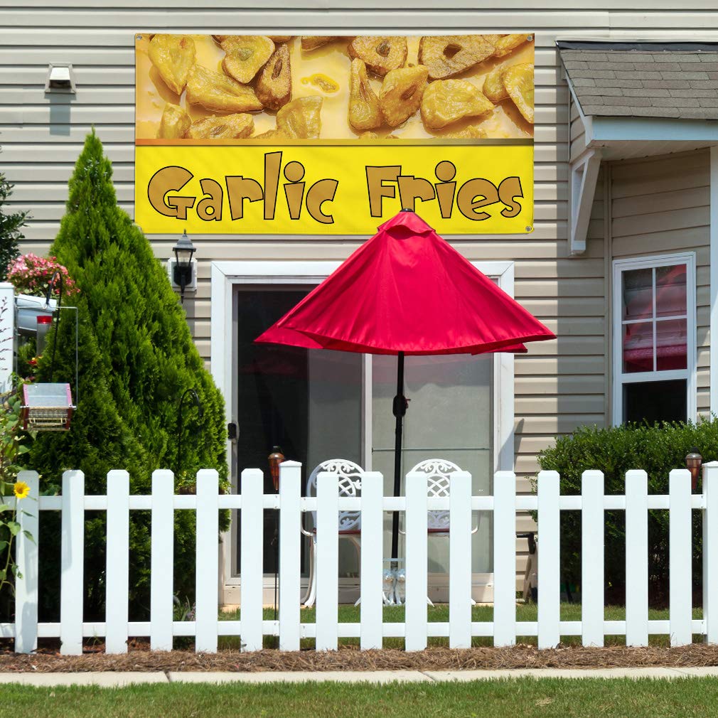 Premium Vinyl Banner - 48x96 Inches with 8 Golden Grommets | Weatherproof Outdoor Advertising Sign for Food & Beverage Business (Garlic Fries Promotion) | Perfect for Yard Sales, Festivals & Restaurant Marketing