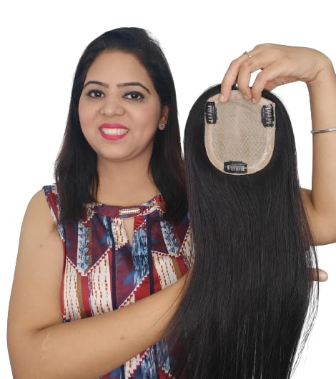100% Human Hair Clip-In Hair Toppers for Women - 5x4 Silk Base Straight Hair Crown Topper Extensions (Natural Black, 20 Inches) - Perfect for Thinning Hair, Hair Loss & Styling