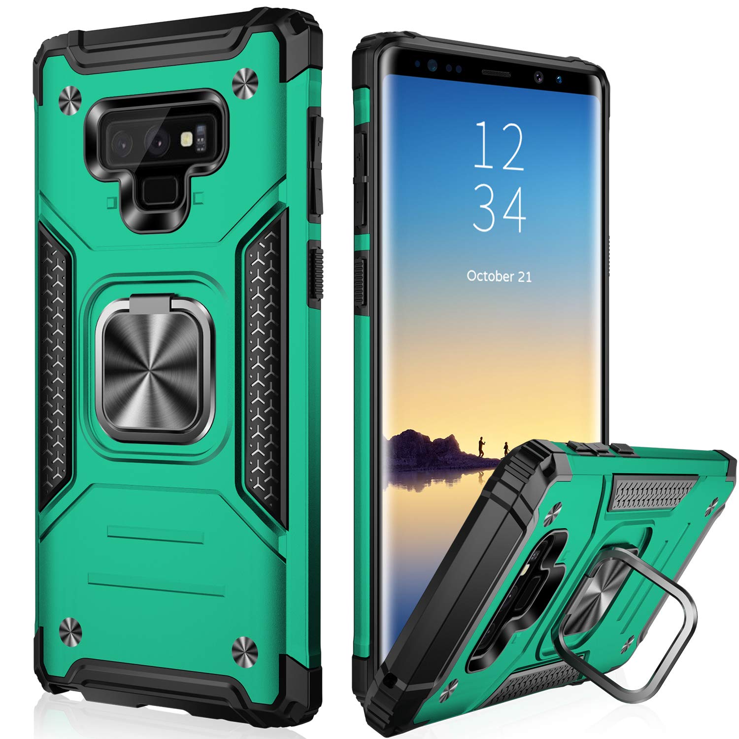 IKAZZ Galaxy Note 9 Case - Dual Layer Shockproof TPU & PC Rugged Protective Cover with Magnetic Kickstand (Dark Green) | Perfect for Outdoor Activities, Work & Travel Protection
