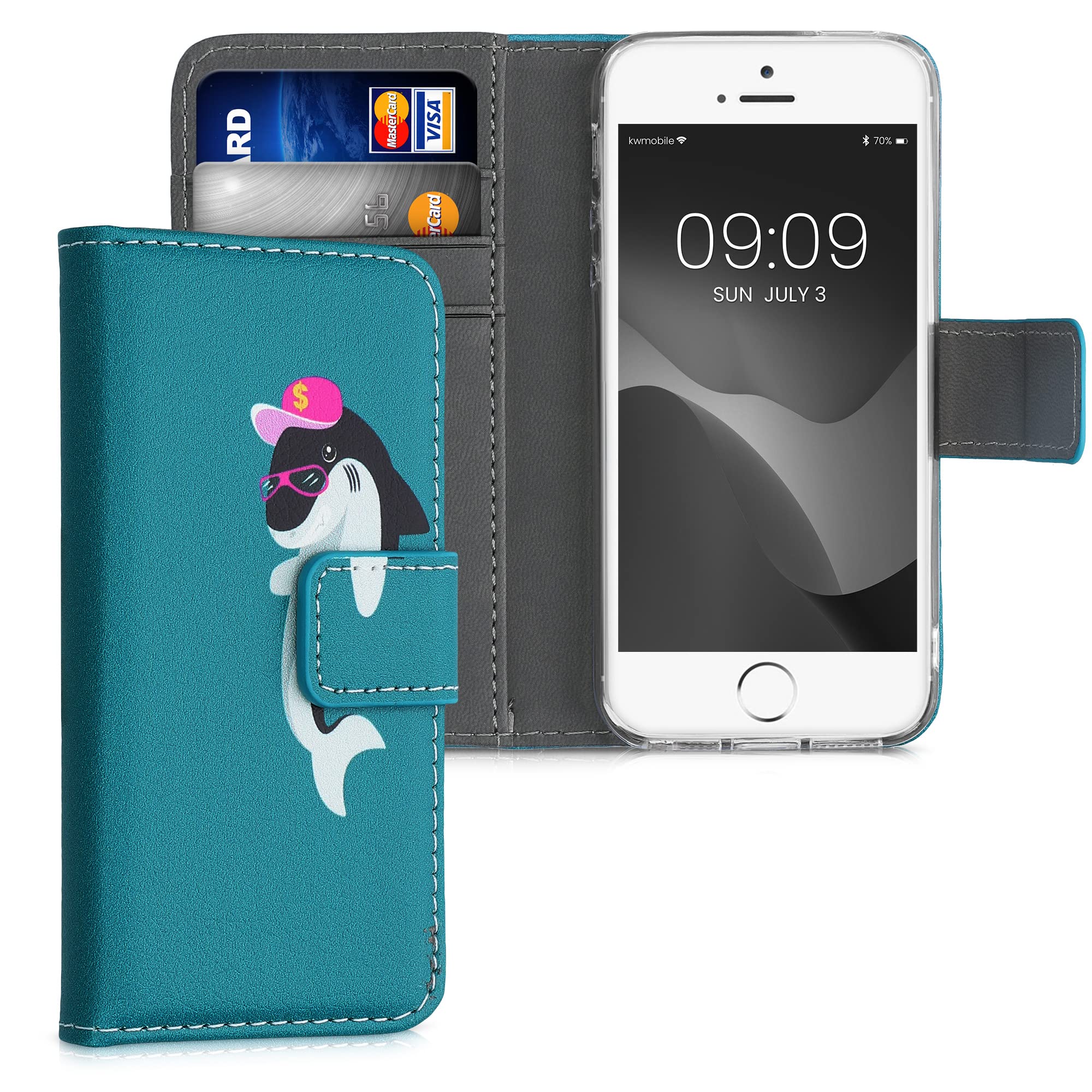 kwmobile Wallet Case for Apple iPhone SE (1st Gen 2016), iPhone 5 & 5S - Slim Protective Phone Cover with Card Holder in Shark Grey/Dark Pink/Turquoise - Perfect for Everyday Use & Travel