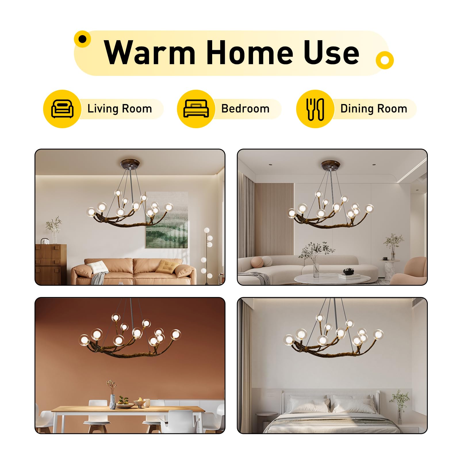 Modern Wood Branch Chandelier - 12 Bulb Adjustable LED Hanging Light with Resin Tree Design & Industrial Glass Bubbles - Perfect for Bedroom, Living Room, Dining Room & Home Decor Lighting
