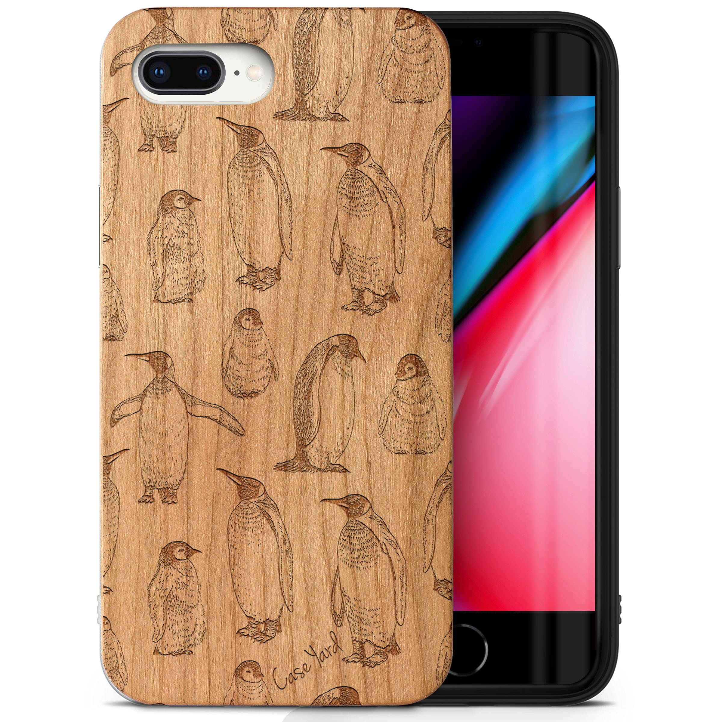 CaseYard Wood Phone Case for iPhone 8 Plus - Laser Engraved Penguin Design, Cherry Wood Protective Shockproof Slim Fit Cover for Men & Women - Perfect for Outdoor Adventures & Everyday Use