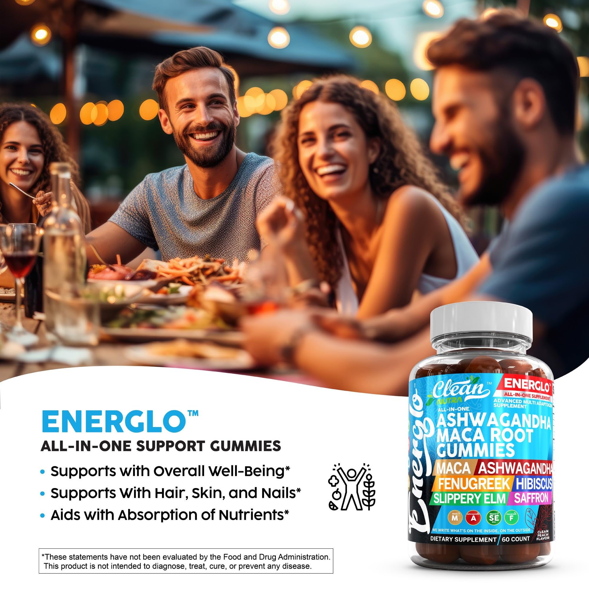 Ashwagandha & Maca Root Gummies with Fenugreek, Hibiscus, Slippery Elm & Saffron Extract | Vegan Adaptogen Supplement for Stress Relief, Energy Boost & Cortisol Support | Peach Flavor Gummy Vitamins with Beta Carotene | Perfect for Daily Wellness, Workout Recovery & Mental Focus by Clean Nutra