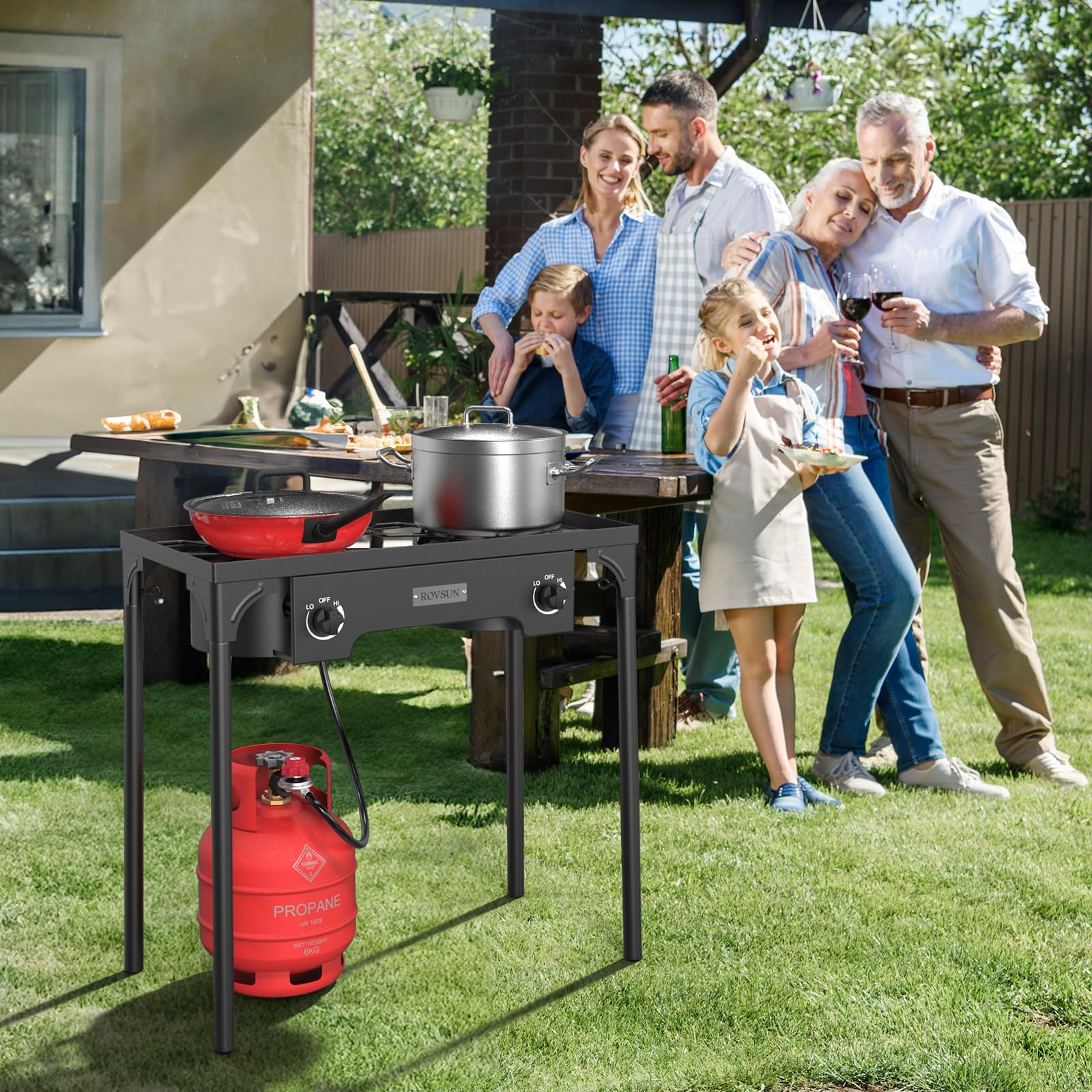 ROVSUN 2 Burner Outdoor Propane Gas Stove - 150,000 BTU High Pressure Stand Cooker with 20 PSI Regulator for Backyard Cooking, Camping, Home Brewing, Canning & Turkey Frying - Perfect for Outdoor Adventures, Tailgating and Emergency Preparedness