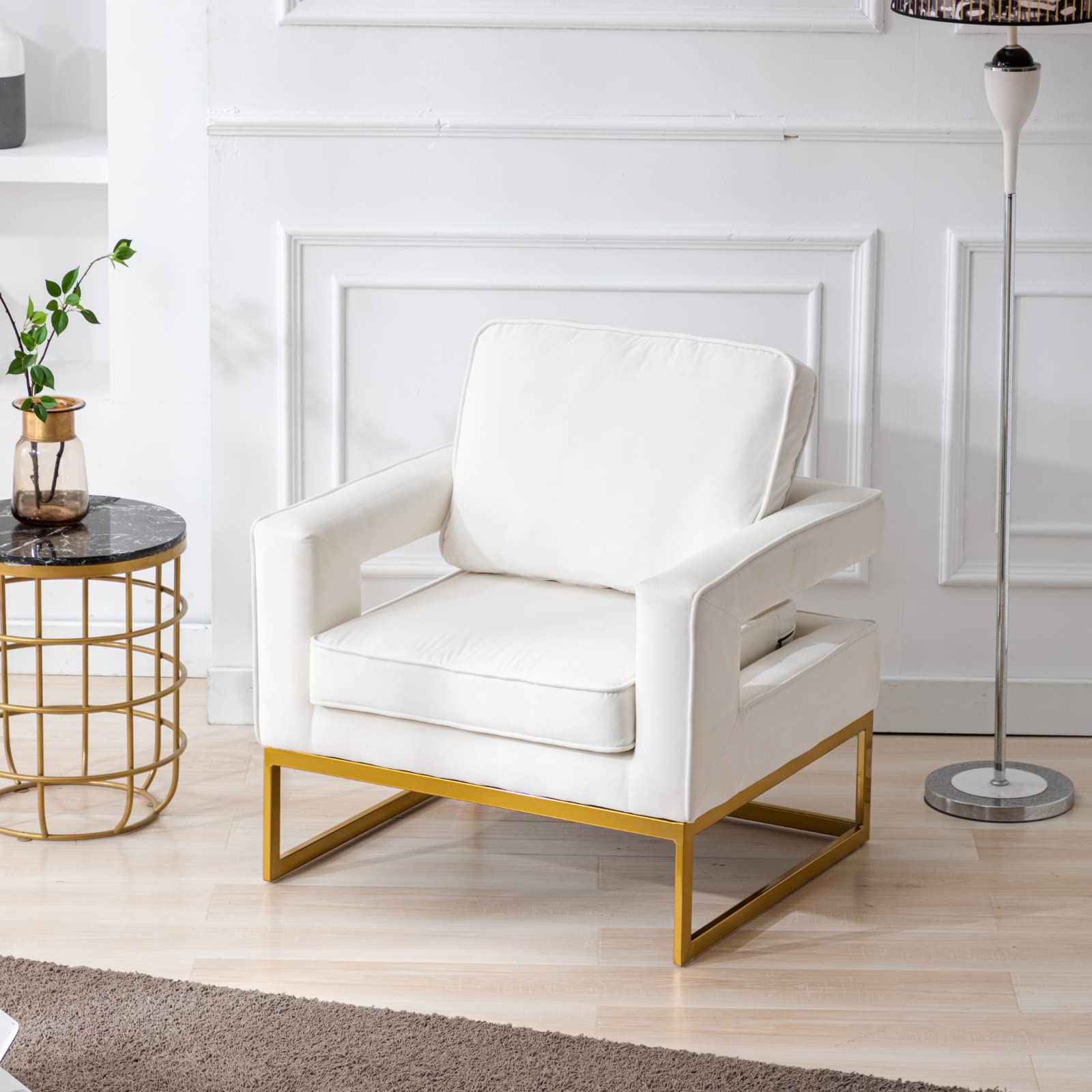 LukeAlon Elegant Velvet Accent Club Chair - Modern Upholstered Armchair with Gold Metal Legs, Comfortable Single Sofa & Reading Chair for Living Room, Bedroom, Office - Soft White Velvet Fabric (Perfect for Cozy Reading Nooks & Lounge Areas)