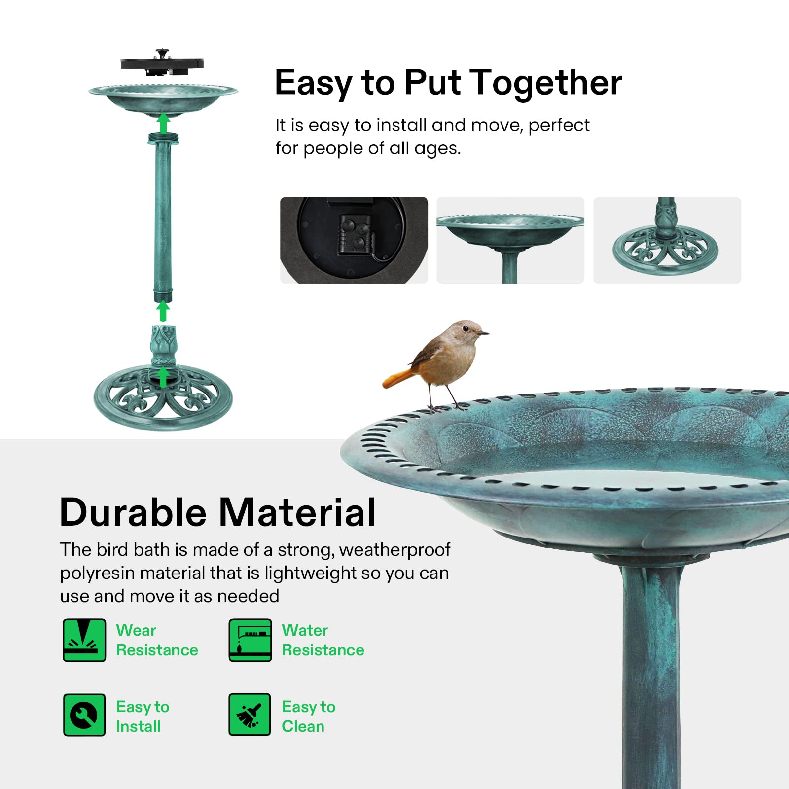 VIVOSUN 28 Inch Solar Bird Bath with Fountain - Solar Powered Outdoor Water Feature for Garden, Patio, Yard, Deck - Attracts Birds & Enhances Outdoor Decor (Green)
