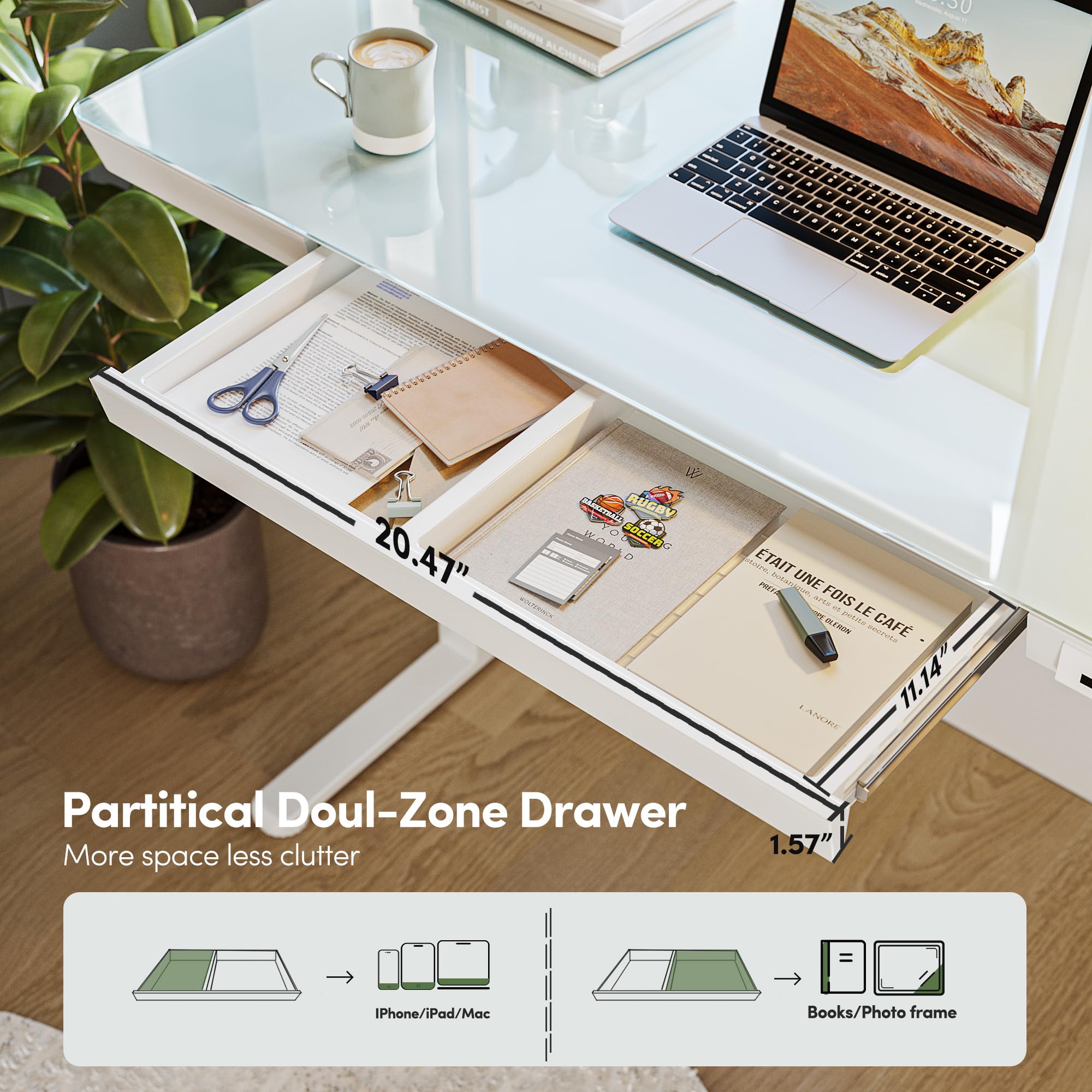 BANTI 48 Inch Electric Standing Desk with Drawers - Height Adjustable Whole-Piece Glass Desktop Ergonomic Workstation for Home Office (White) | Perfect for Remote Work, Gaming Setup & Study Space