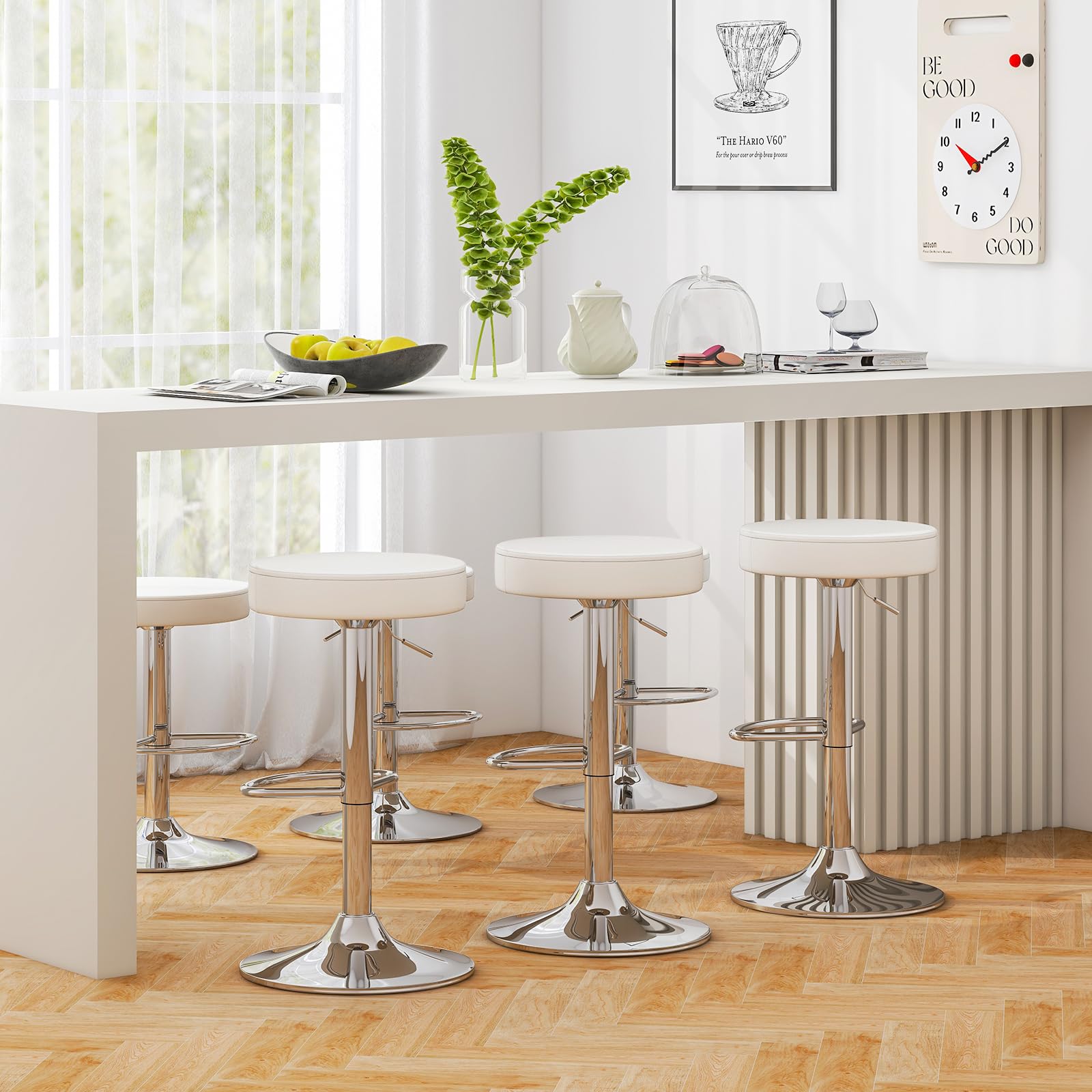 WATERJOY Adjustable Round Bar Stools Set of 2 - 360° Swivel PU Leather Bar Stools with Footrest for Kitchen Island, Breakfast Nook & Home Bar (Black)