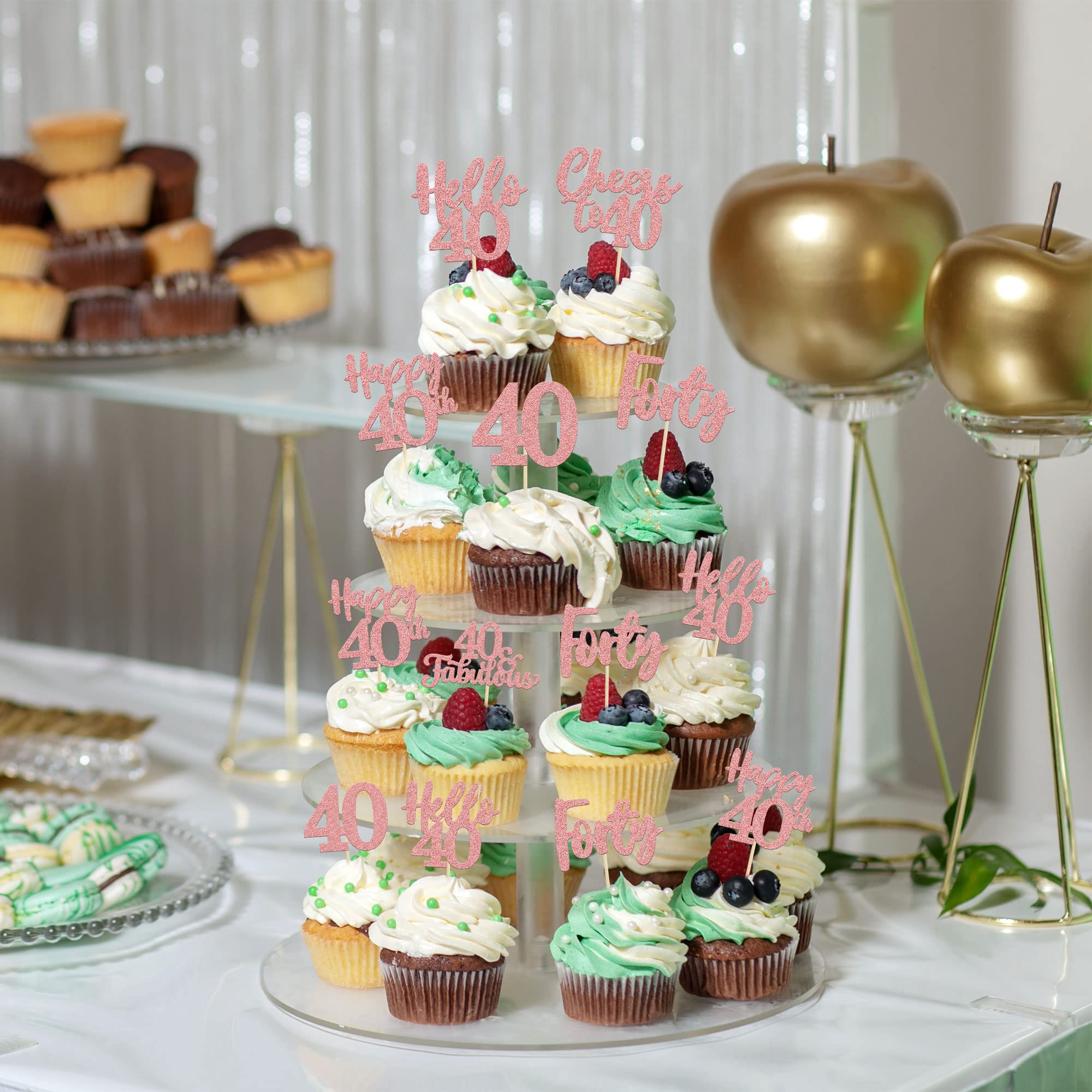 36Pcs Rose Gold Glitter 40th Birthday Cupcake Toppers - Hello 40 Cupcake Picks, Forty Cheers to 40 Fabulous Cake Decorations for Wedding Anniversary Party Supplies (Perfect for 40th Birthday Celebrations, Milestone Parties & Cake Decorating)
