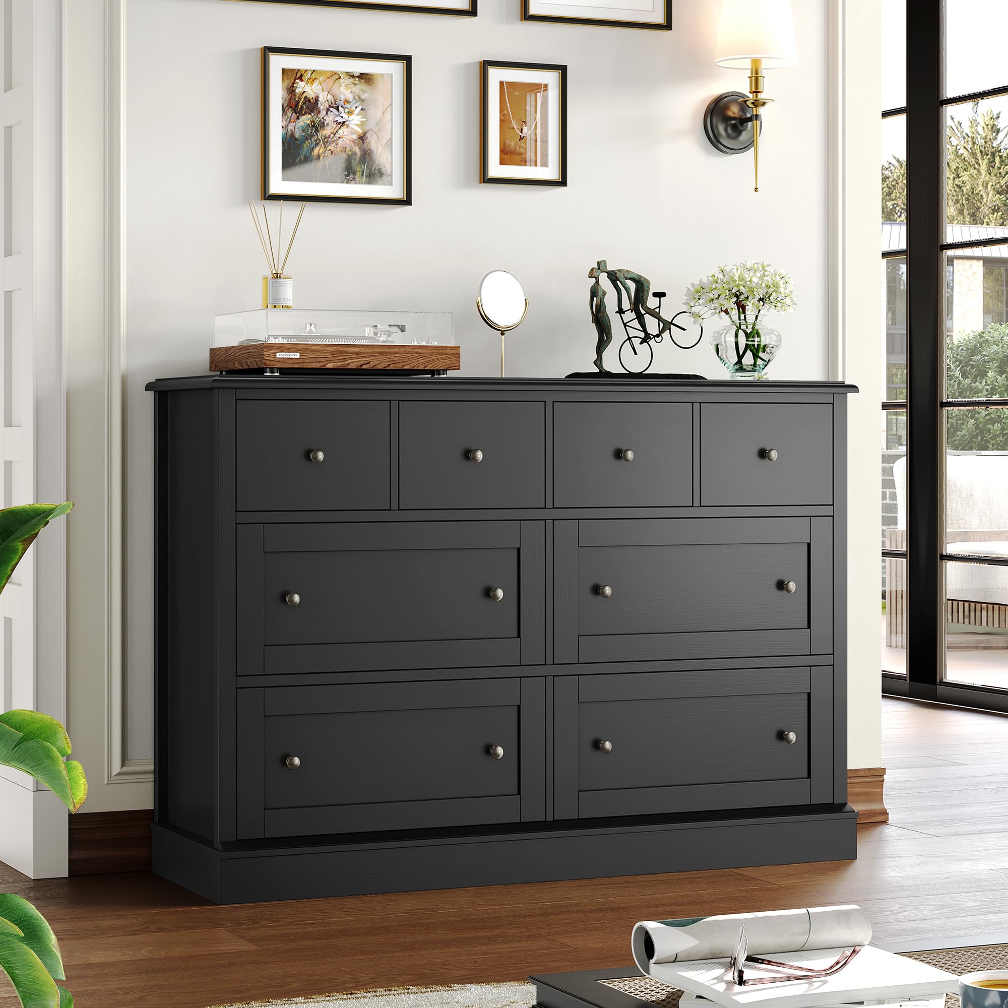 FINETONES 8-Drawer Black Dresser, 47.2