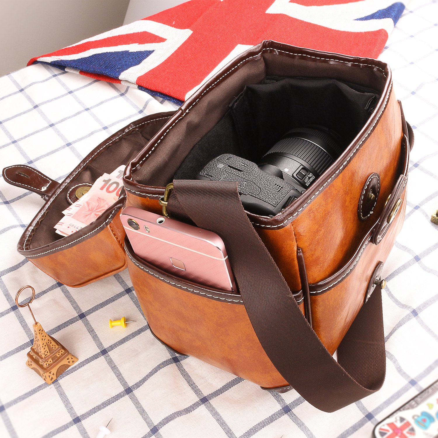Premium Leather DSLR Camera Bag - Waterproof & Shockproof Case for Canon, Nikon, Sony, Pentax, Olympus, Panasonic - Removable Inserts & Adjustable Straps (Brown) - Perfect for Travel, Hiking & Professional Photography