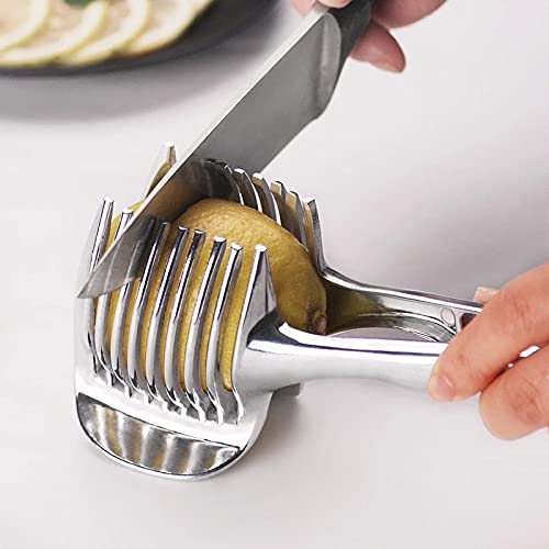 Stainless Steel Onion Holder & Vegetable Slicer - Safe Potato Tomato Fruit Cutter for Kitchen - Green Cooking Gadget for Salad Prep & Meal Prepping