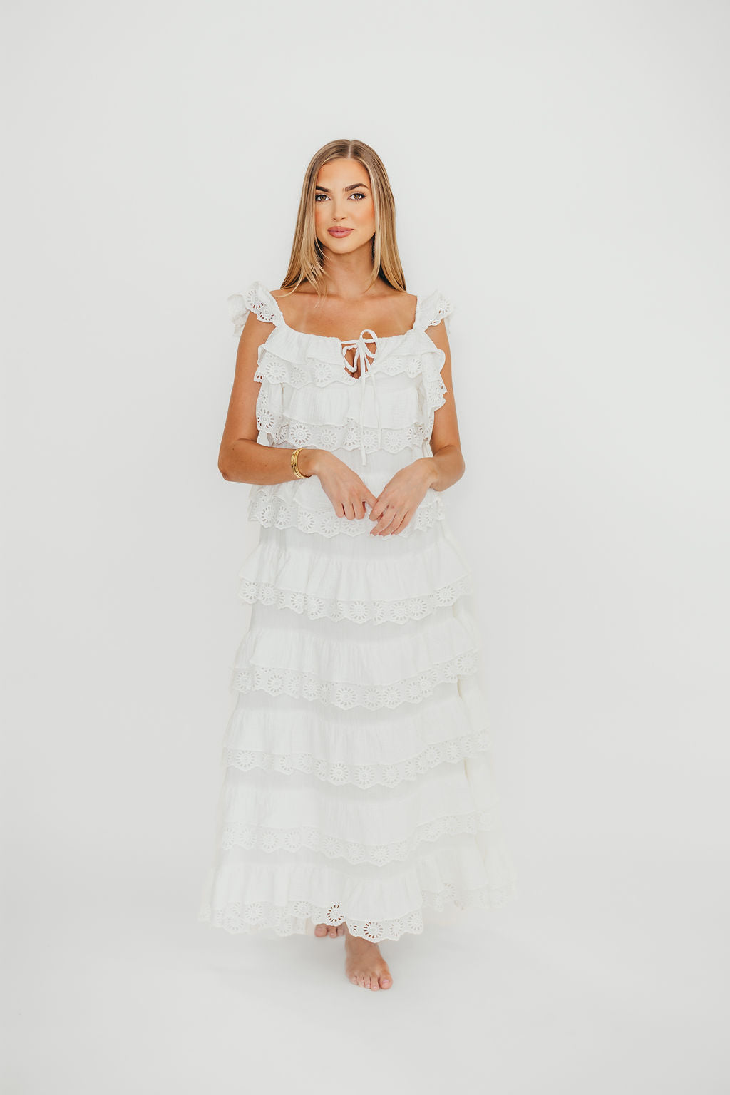 Mikayla 100% Cotton Lace and Gauze Contrast Tiered Maxi Dress in Off White - Elegant Boho Summer Beach Wedding Party Dress for Women