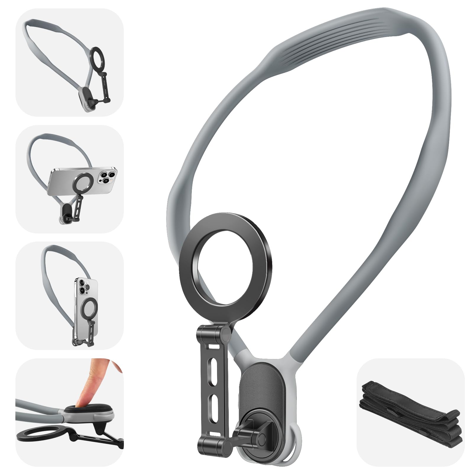2024 Magnetic Neck Phone Mount - Hands-Free POV/Vlog Phone Holder with Anti-Shake Chest Strap for iPhone & Android (Grey) | Perfect for Recording, Live Streaming, Cooking, Workouts & Outdoor Activities
